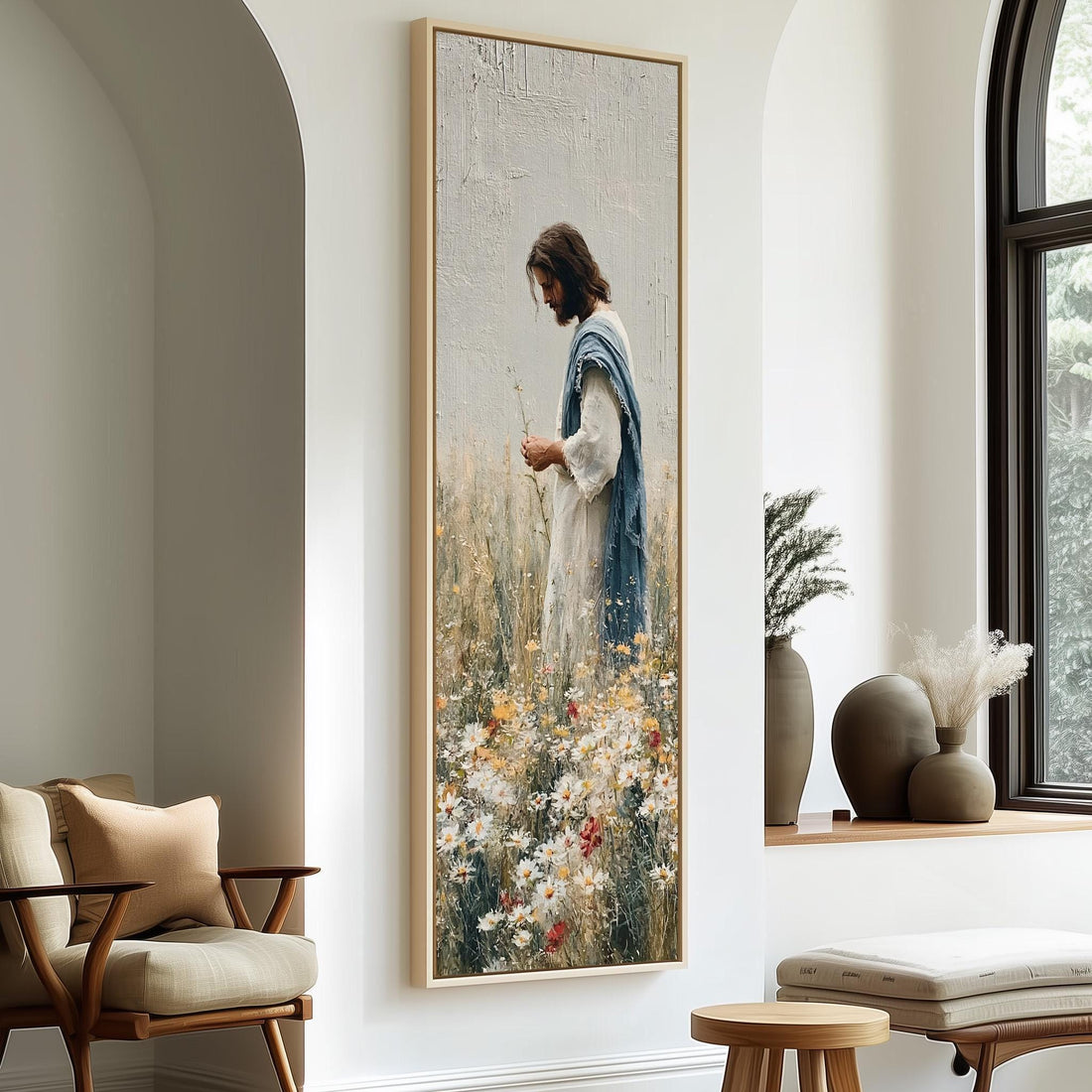 Jesus picking wildflowers in a field long vertical canvas print in a sunlit living space