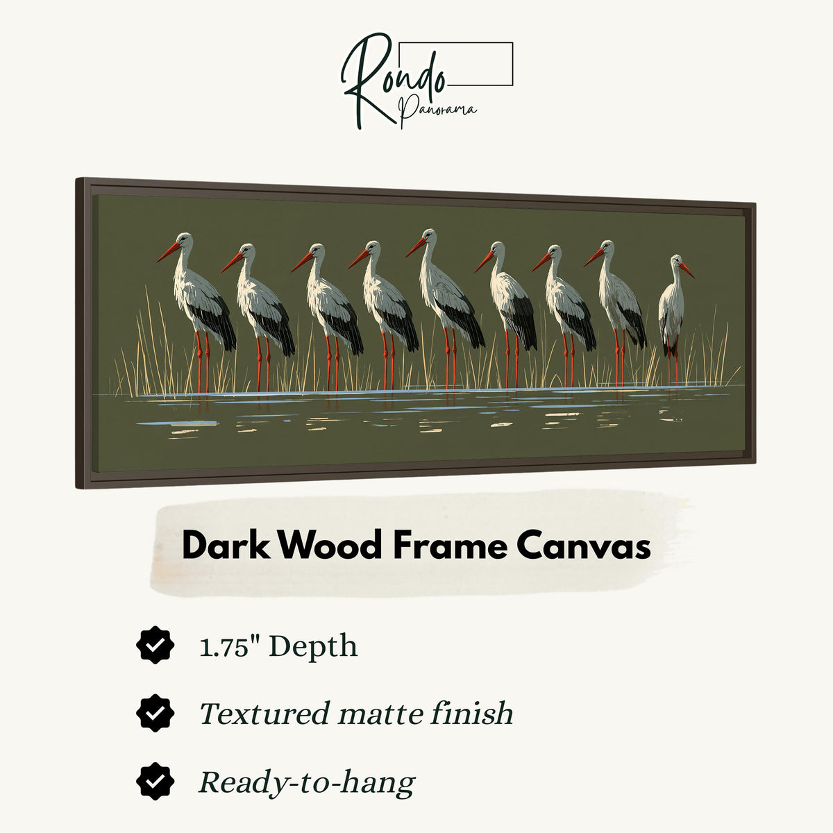 Flock of storks on olive green canvas print in a dark wood floating frame