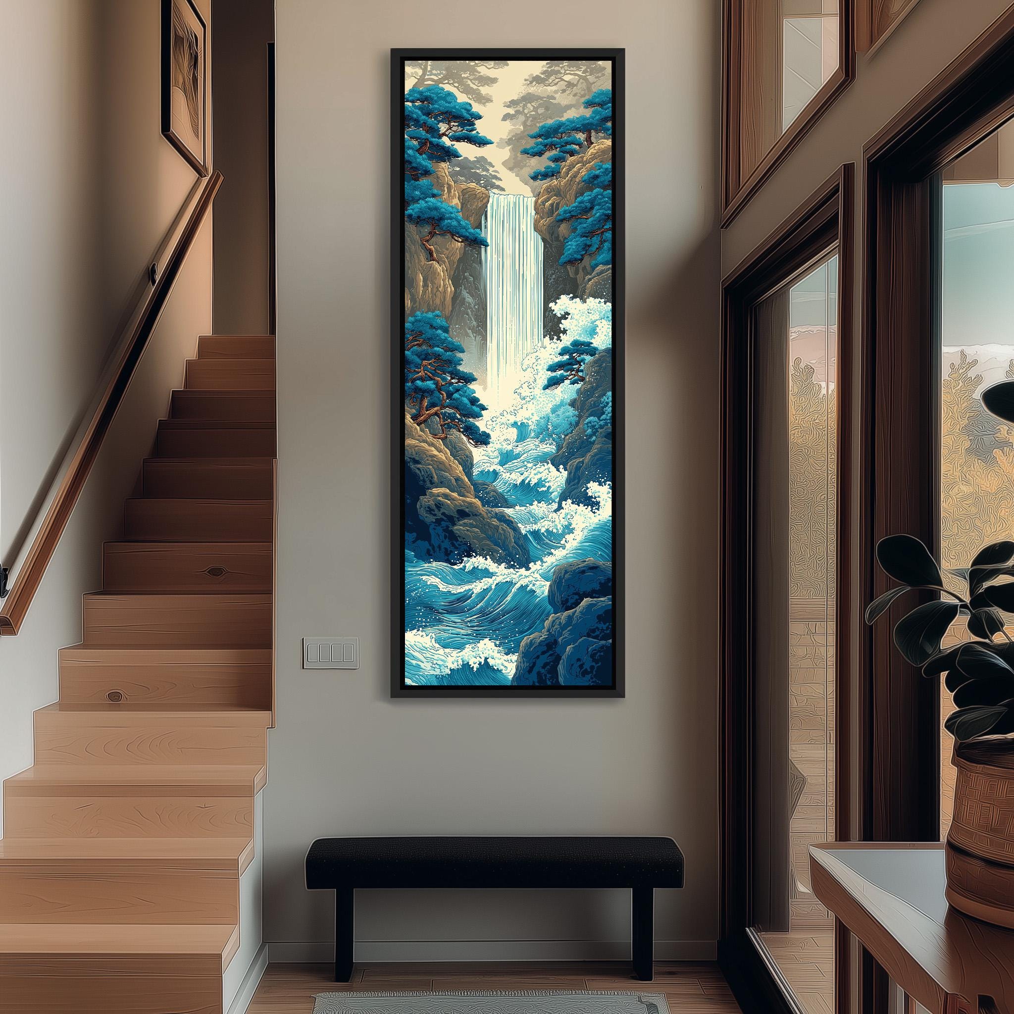 a large, colorful painting of a waterfall hanging on the wall of a room with wooden stairs and a bench.