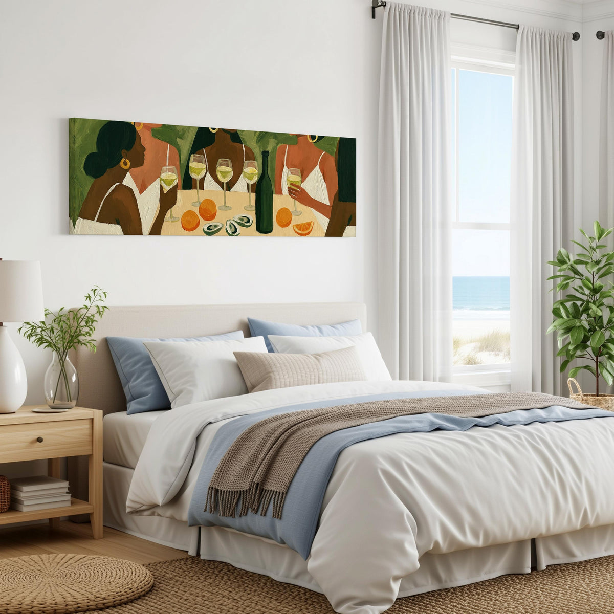 Friends toasting with white wine panoramic canvas print above a bed in a coastal bedroom