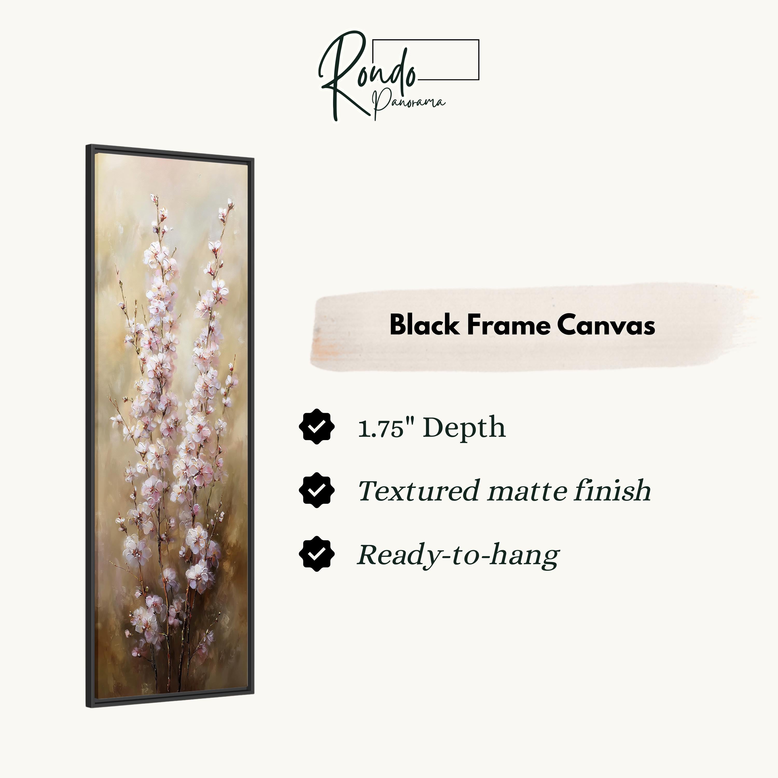 The image is a black frame canvas featuring a painting of pink flowers.