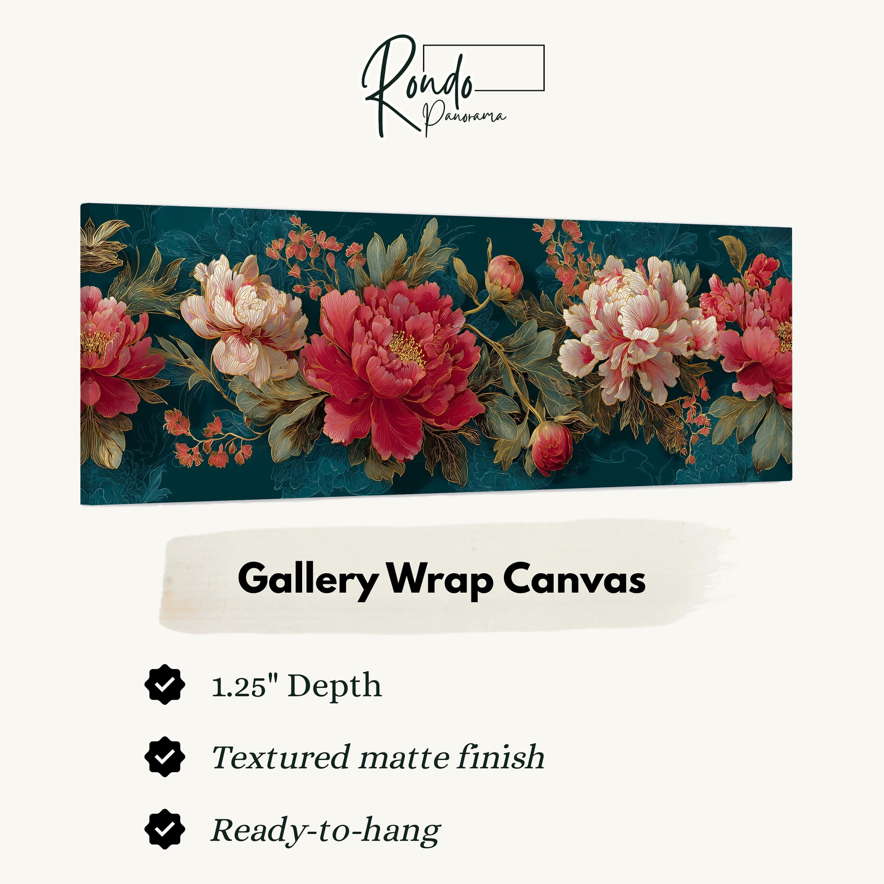 The image is a gallery wrap canvas featuring a floral design with red and pink flowers against a dark blue background.