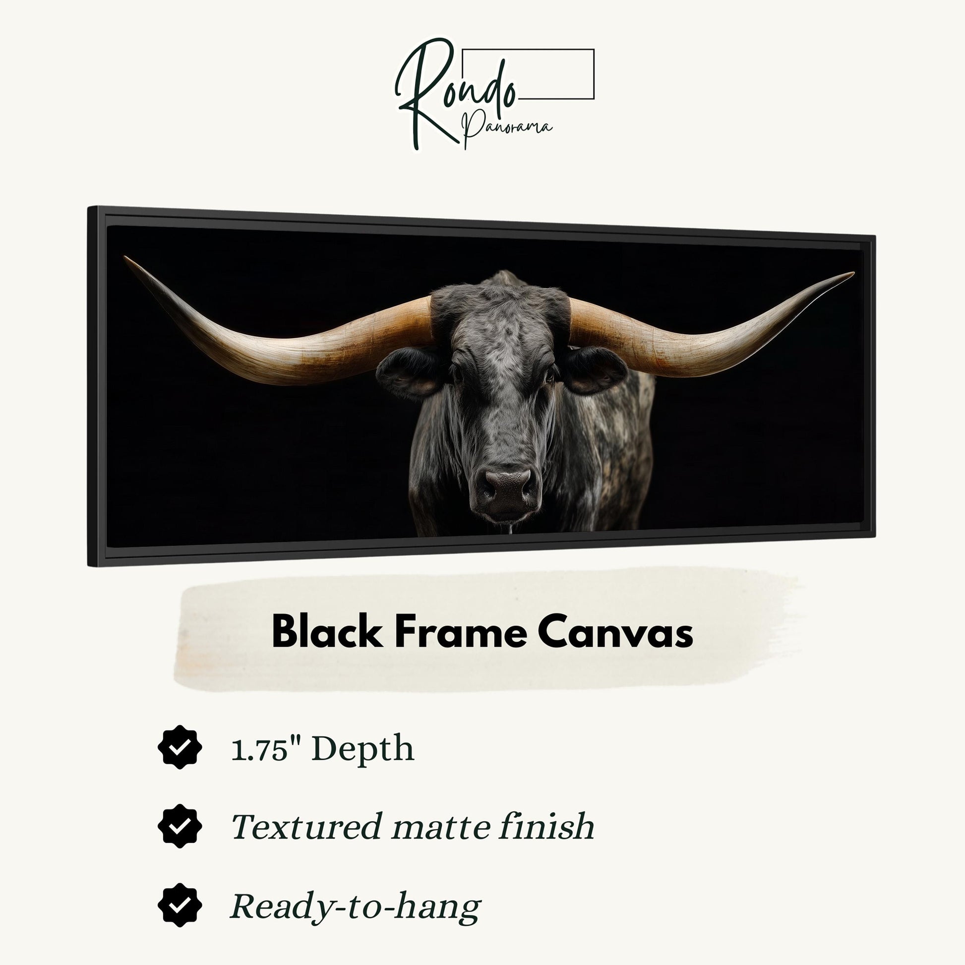 a close-up of a bull with large horns, displayed in a black frame.