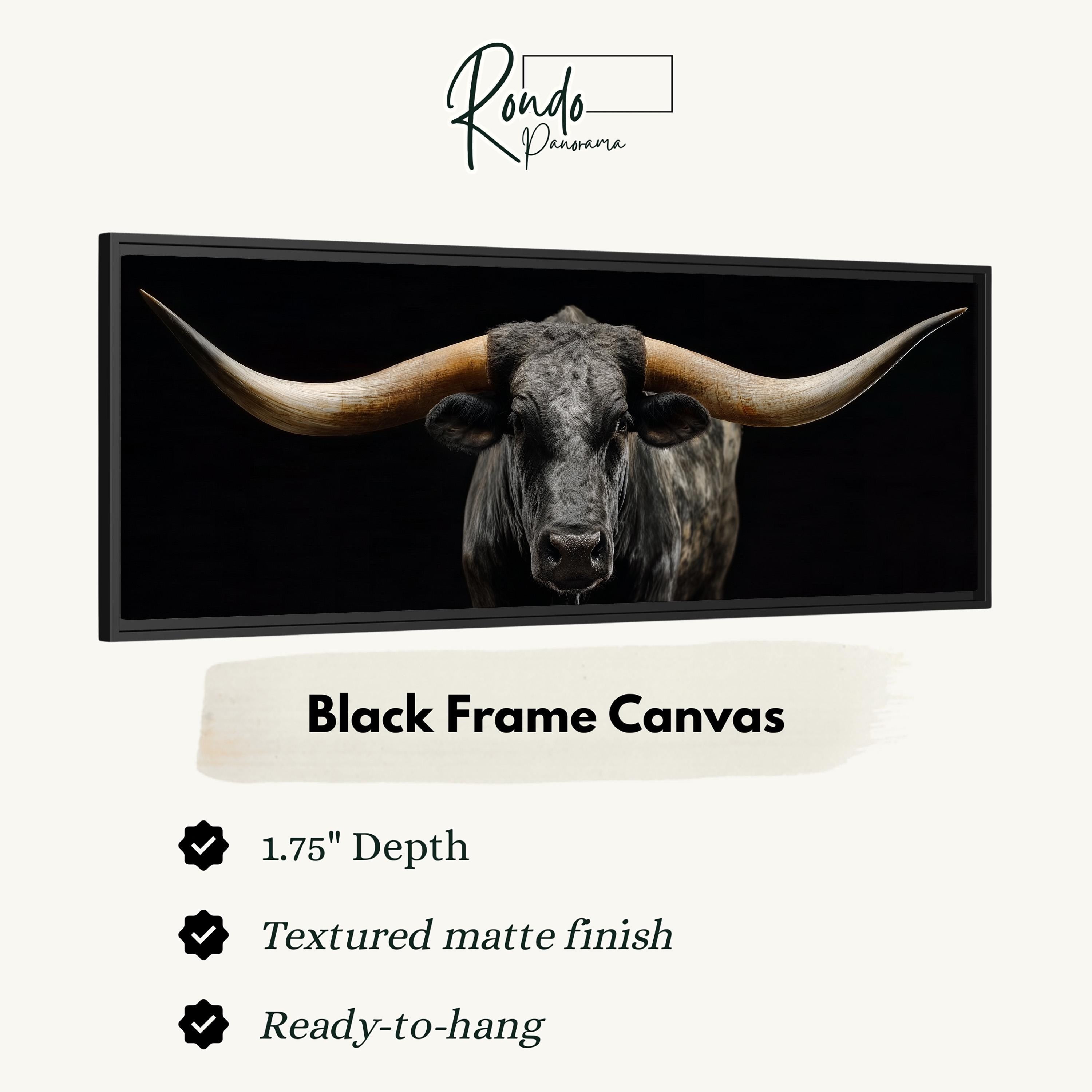 a close-up of a bull with large horns, displayed in a black frame.