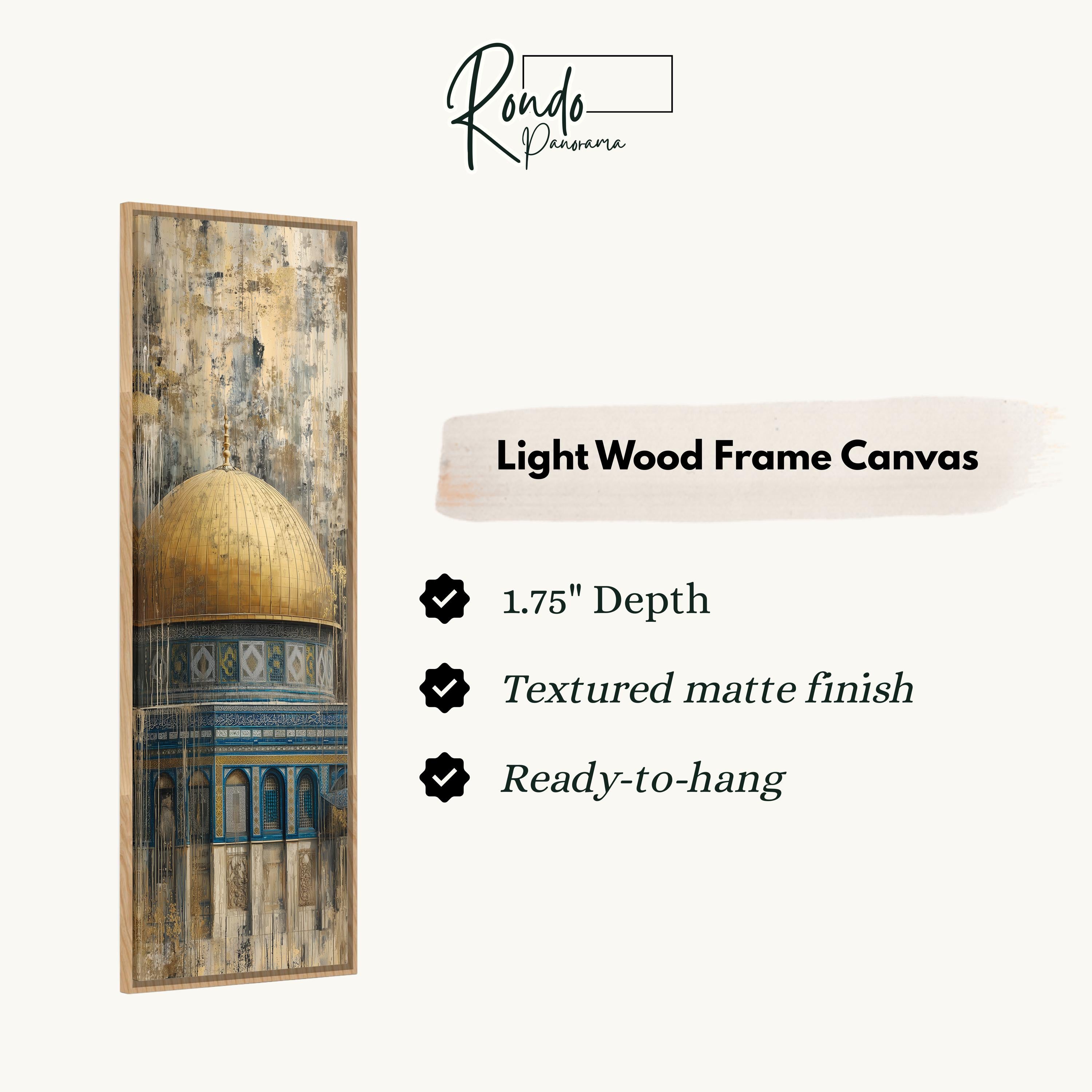 The image is a light wood frame canvas depicting a building with a dome, possibly a mosque, and it is described as a 1.75" depth canvas with a textured matte finish and a ready-to-hang feature.
