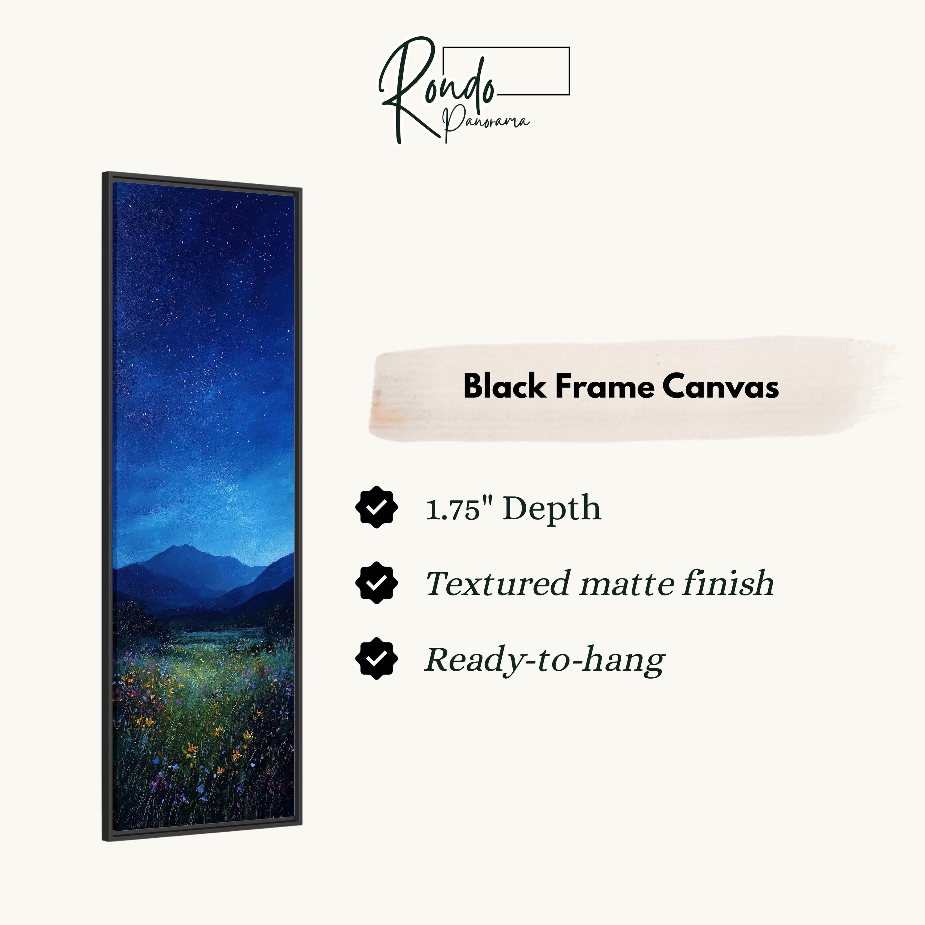 The image is a black frame canvas depicting a night sky with mountains in the background.