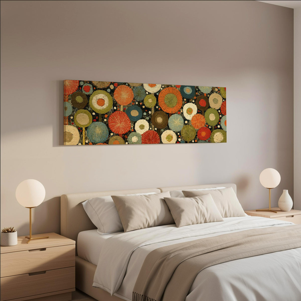 Layered circle dot pattern wide panoramic canvas print above a bed in a neutral bedroom