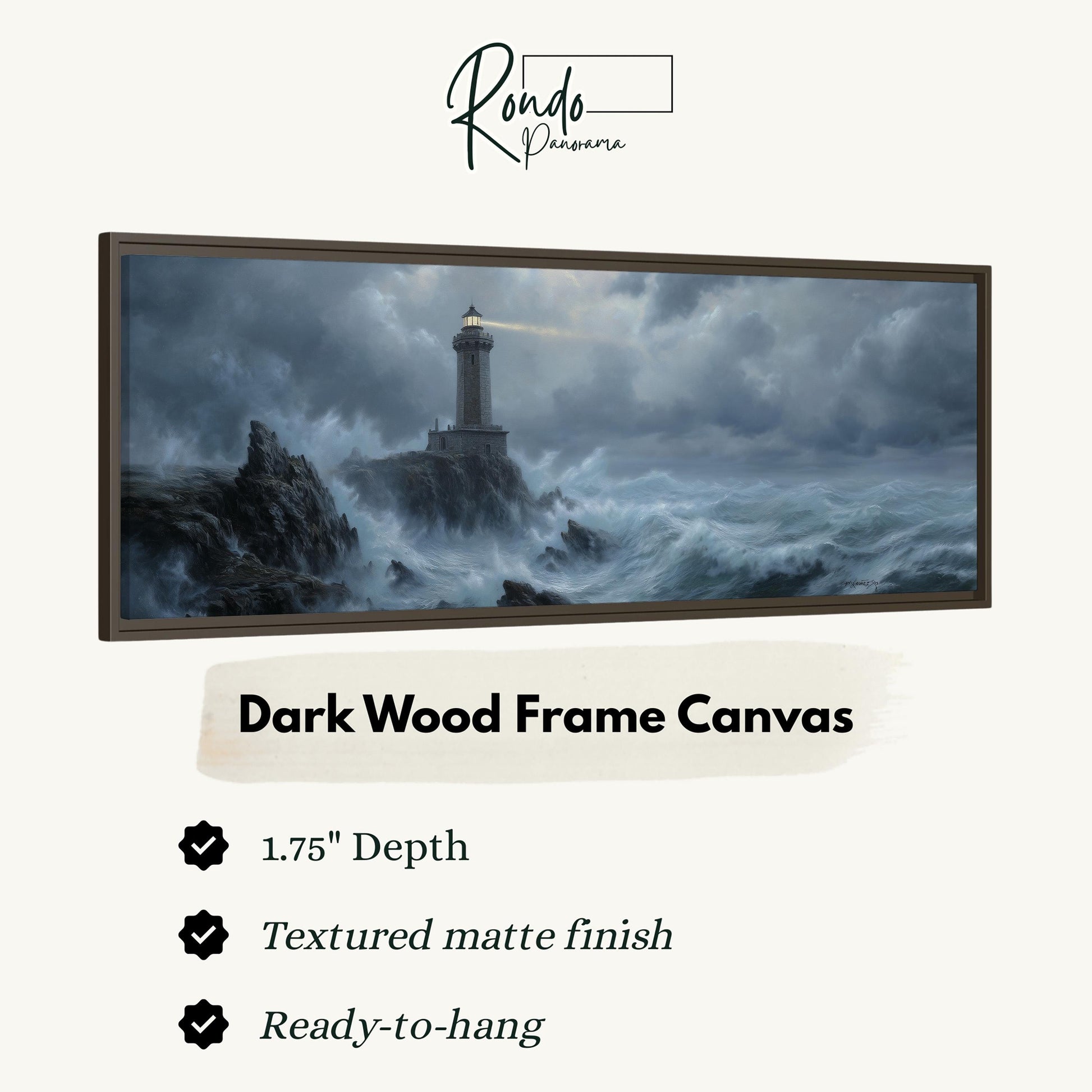 The image is a dark wood frame canvas depicting a lighthouse on a rocky cliff during a stormy sea.