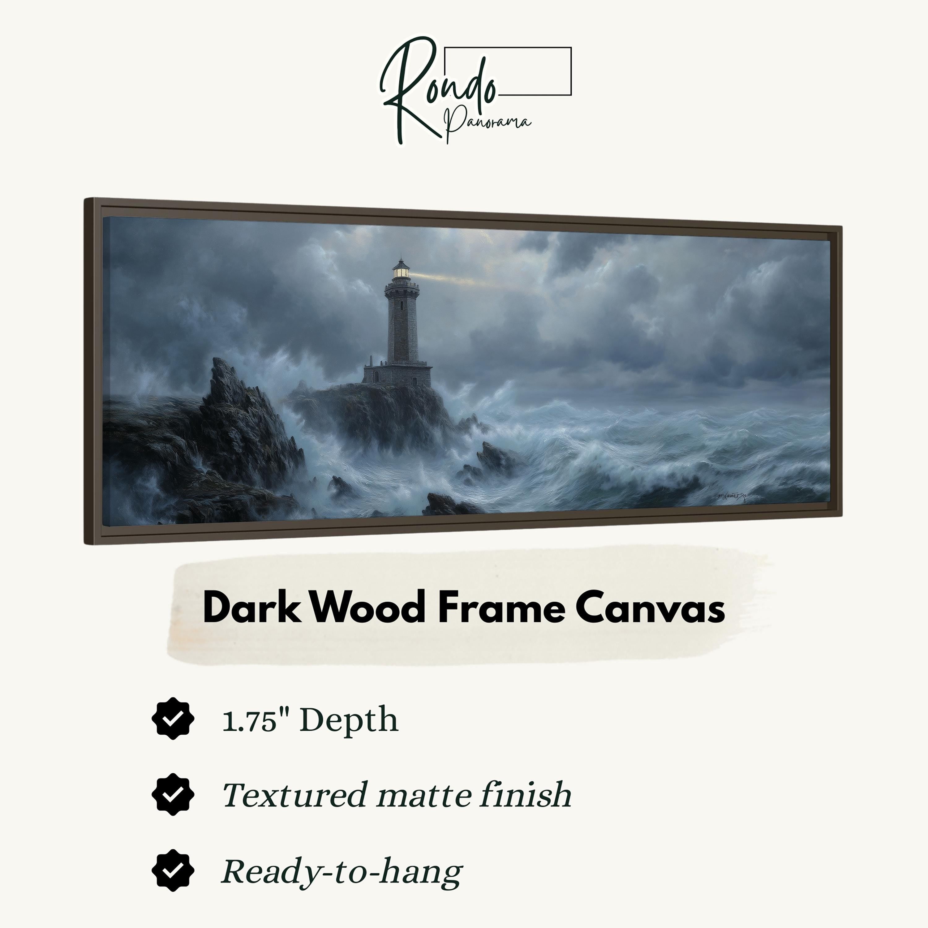 The image is a dark wood frame canvas depicting a lighthouse on a rocky cliff during a stormy sea.