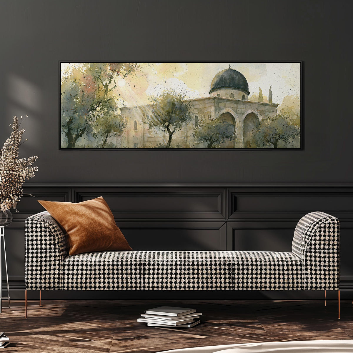 Sunlit dome in an olive grove wide panoramic canvas print above a bench in a dark living room