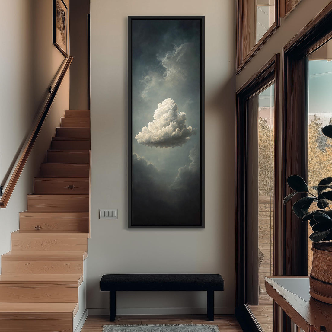 a serene indoor setting with a large painting of a cloud hanging on the wall, a wooden staircase, a black bench, and a potted plant.