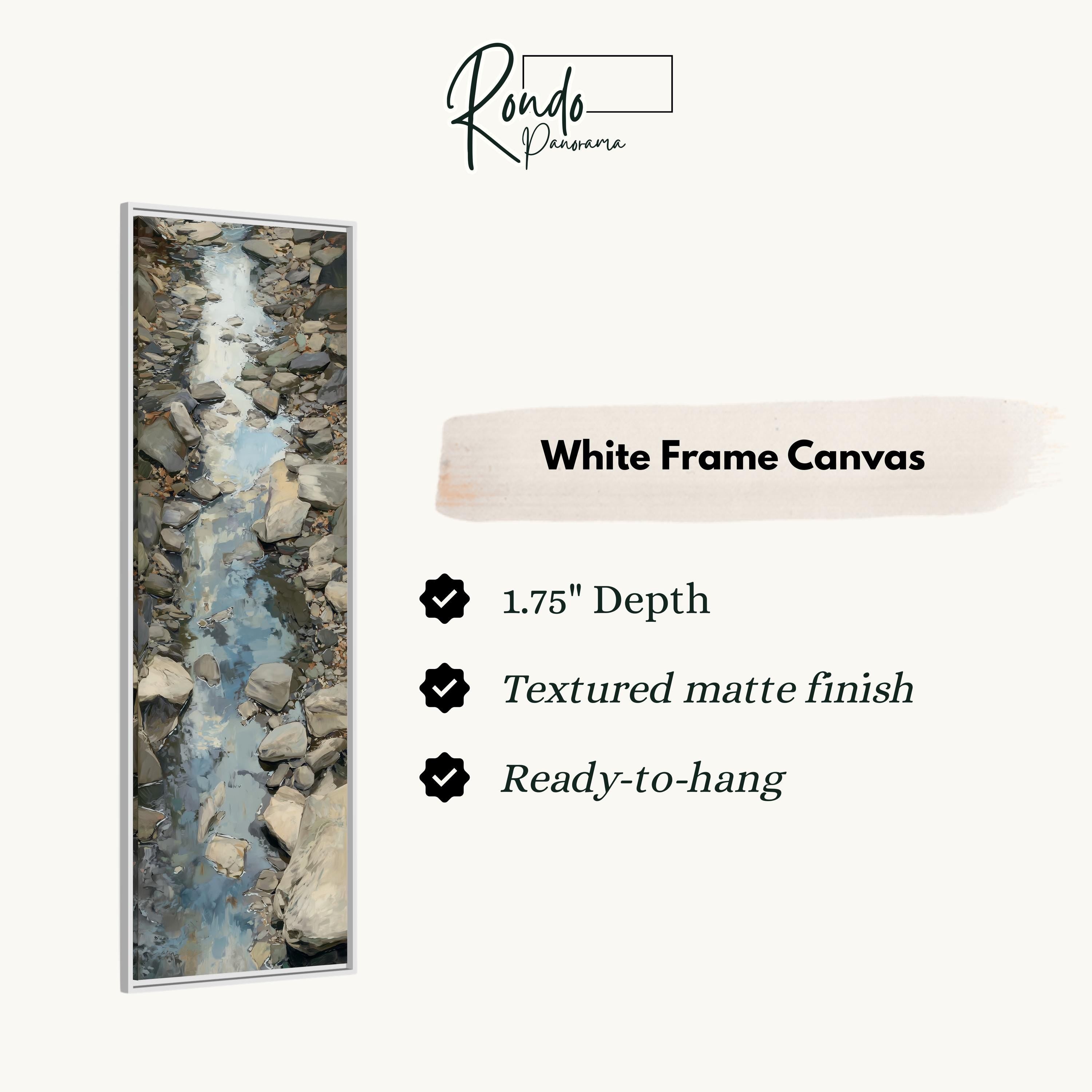 The image is a white frame canvas depicting a rocky stream with water flowing through it.