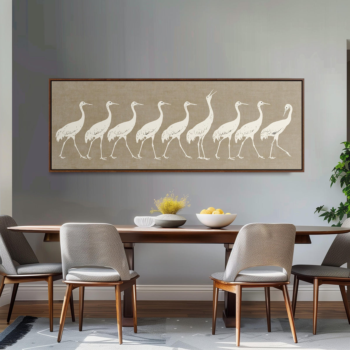 Procession of white cranes on linen long horizontal canvas print above a dining table