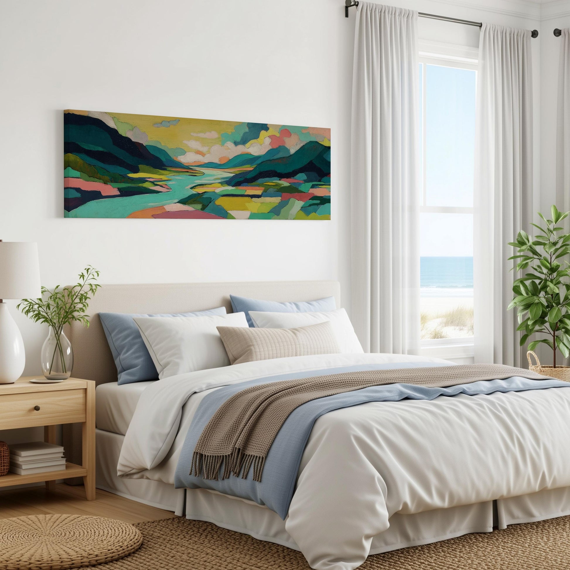 a serene bedroom with a large bed, a painting of a landscape on the wall, and a window overlooking the ocean.