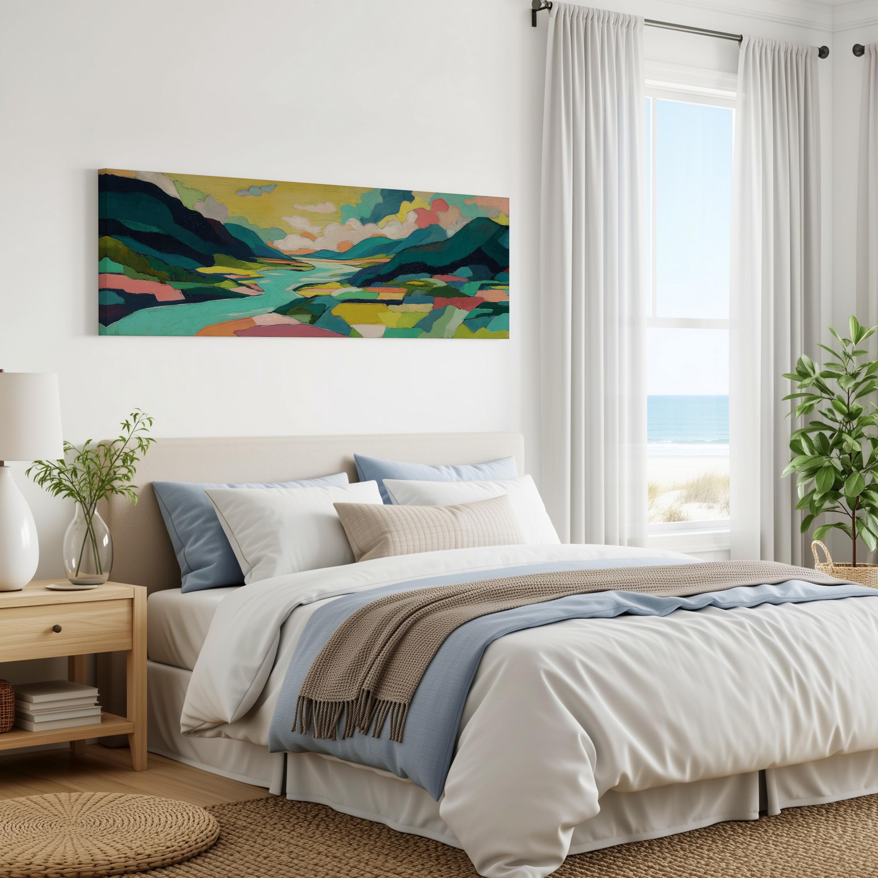 a serene bedroom with a large bed, a painting of a landscape on the wall, and a window overlooking the ocean.