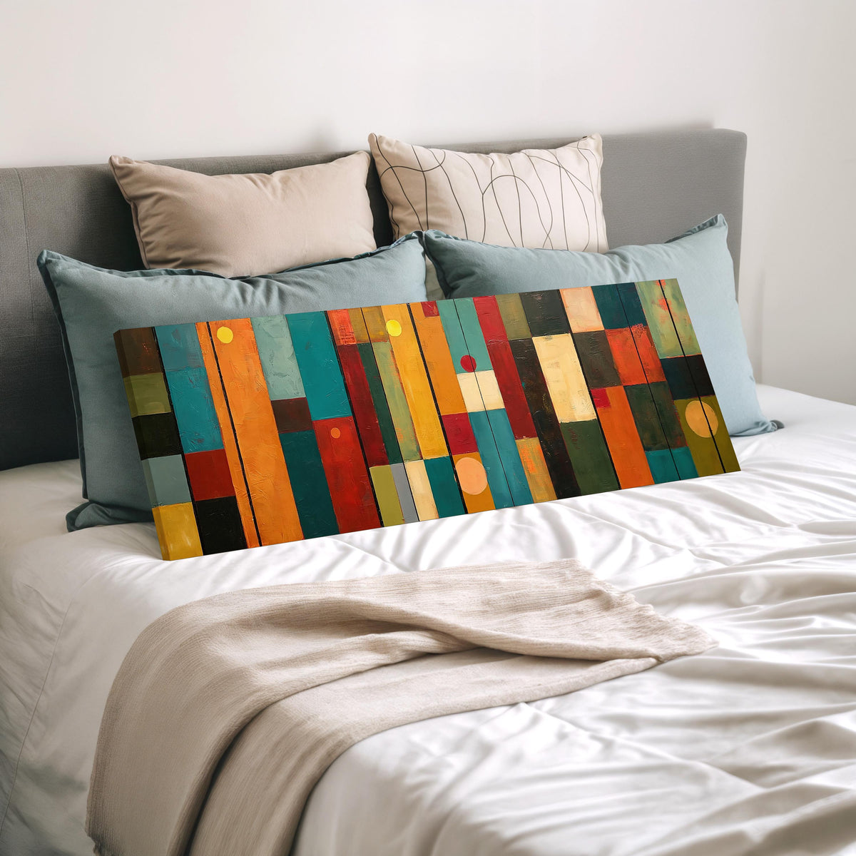 Color block panels with dots wide panoramic canvas print laid on a bed to show its size