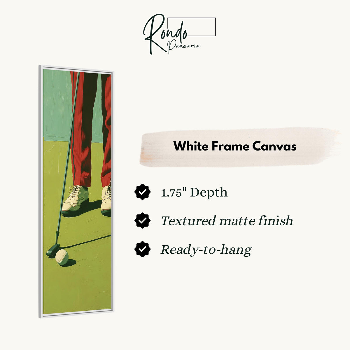 Golfer in red trousers lining up a putt canvas print in a white floating frame
