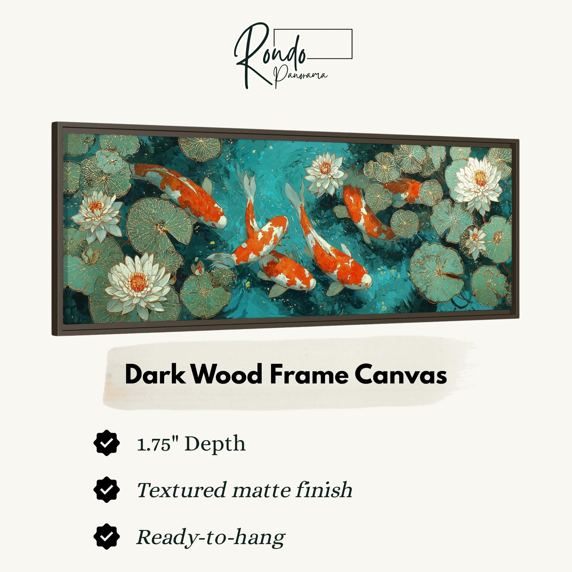 The image is a framed canvas depicting a serene scene of koi fish swimming in a pond with lily pads and water lilies. The frame is described as a dark wood frame with a textured matte finish, and it is ready to hang.