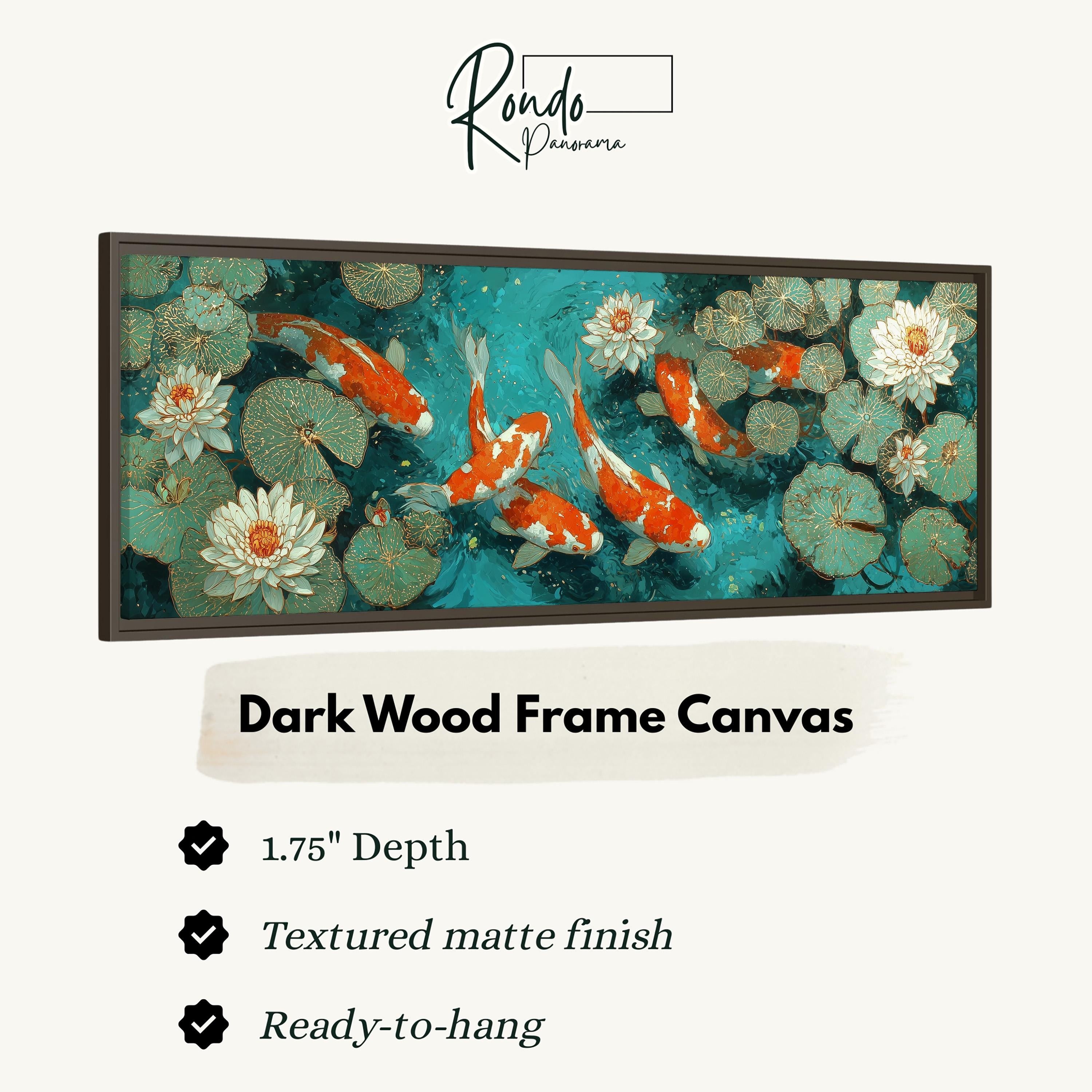 The image is a framed canvas depicting a serene scene of koi fish swimming in a pond with lily pads and water lilies. The frame is described as a dark wood frame with a textured matte finish, and it is ready to hang.