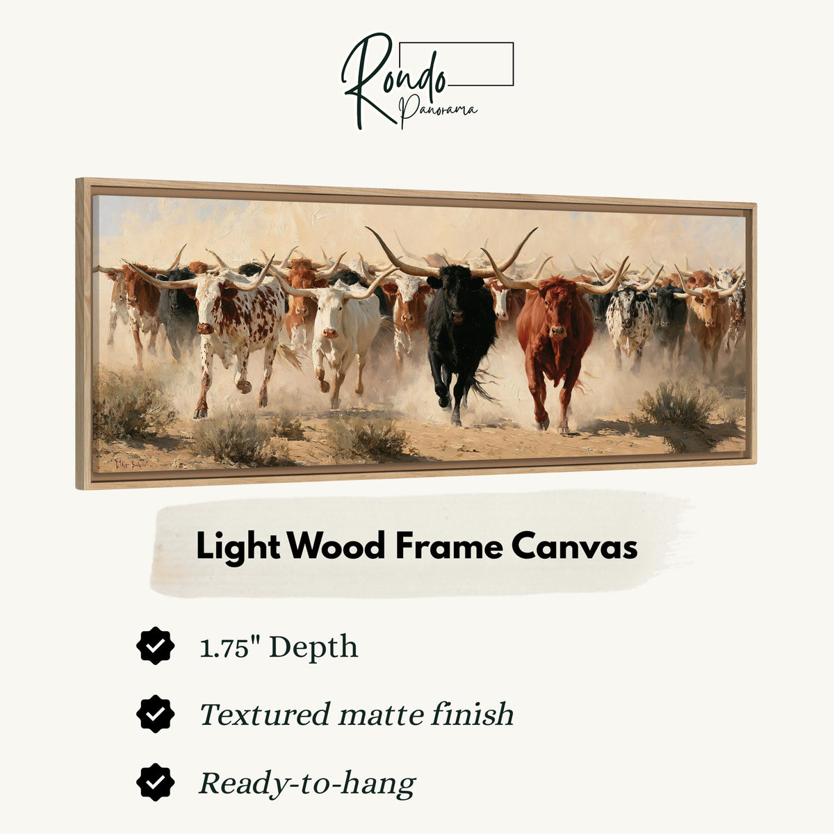 Longhorn cattle stampede canvas print in a light wood floating frame