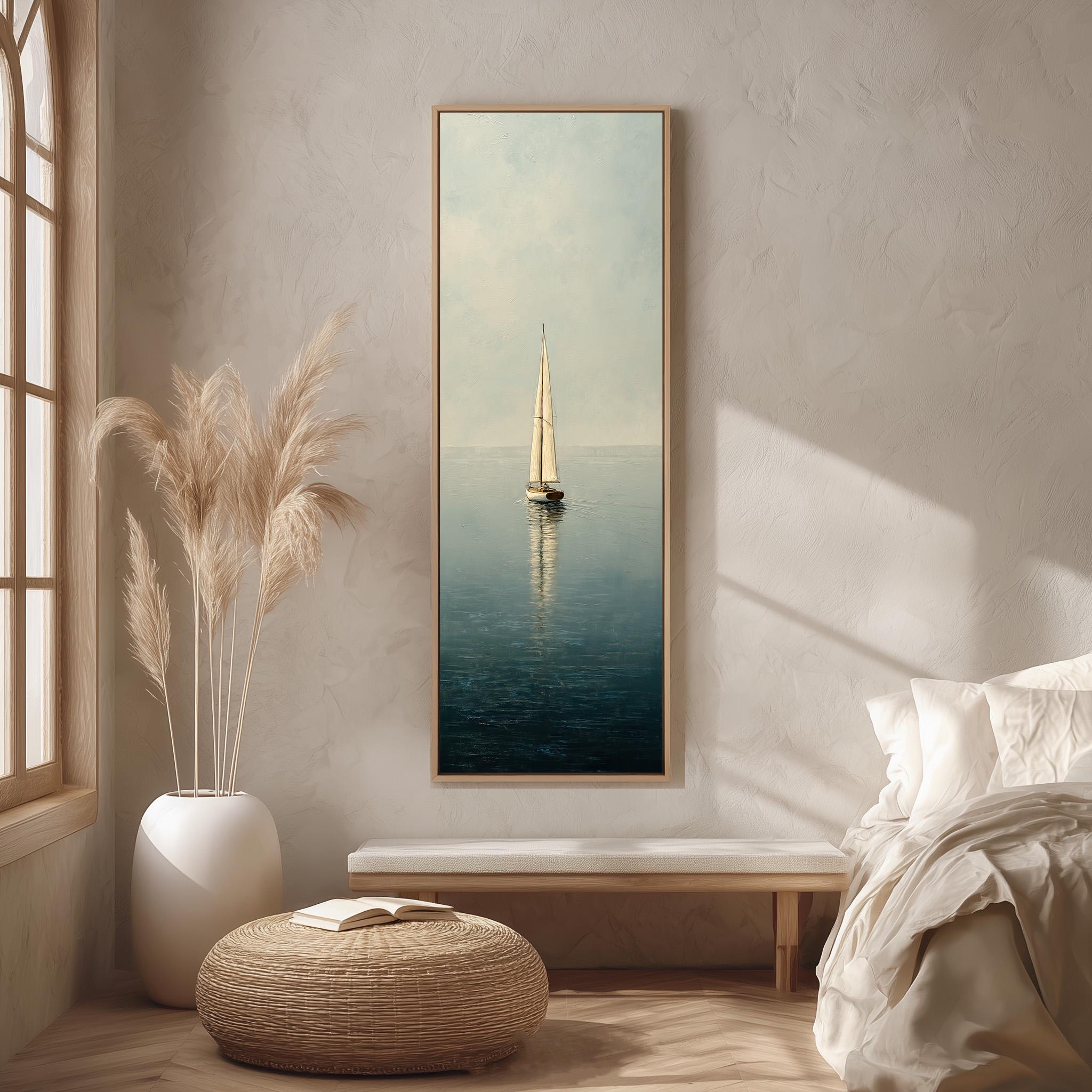 a serene indoor setting with a large painting of a sailboat on the wall, a white sofa, a wicker ottoman, and a potted plant.