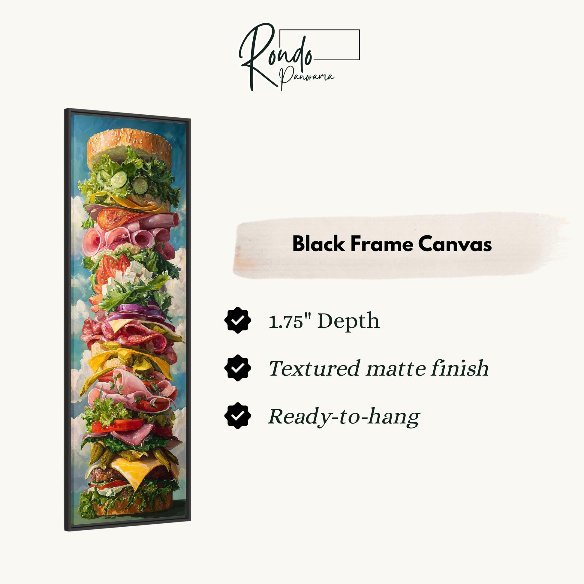 a tall stack of various sandwiches, including a hamburger, piled high on a black frame canvas.