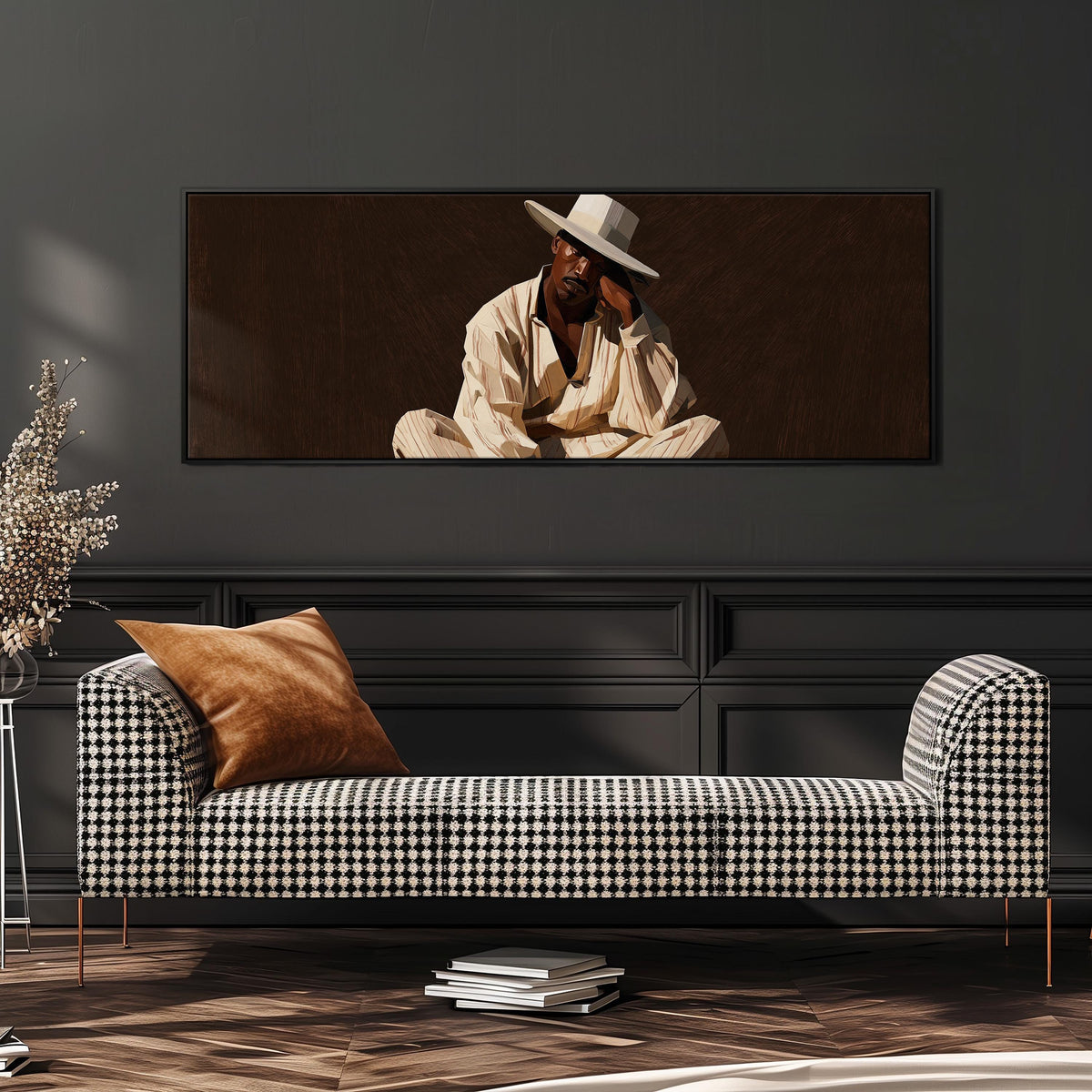 Pensive man in a white hat on brown wide panoramic canvas print above a bench in a dark living room