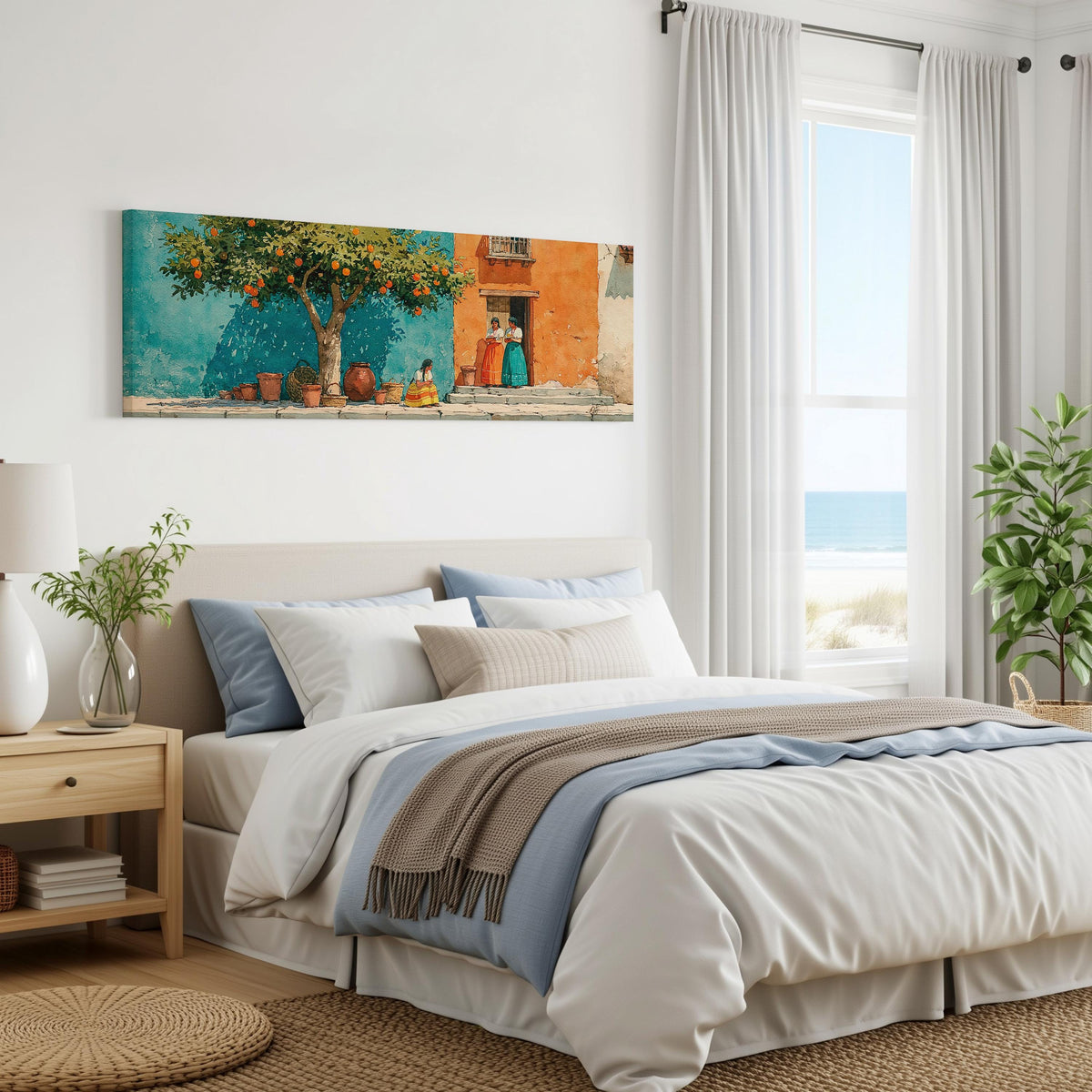 Orange tree on a colorful village street panoramic canvas print above a bed in a coastal bedroom