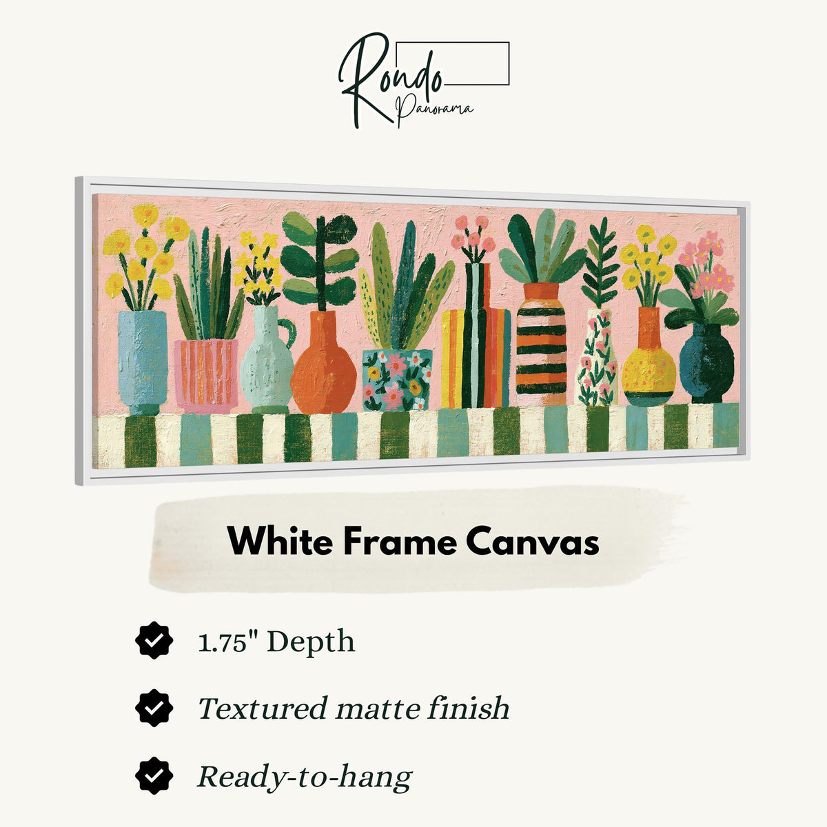 Row of boho potted plants canvas print in a white floating frame