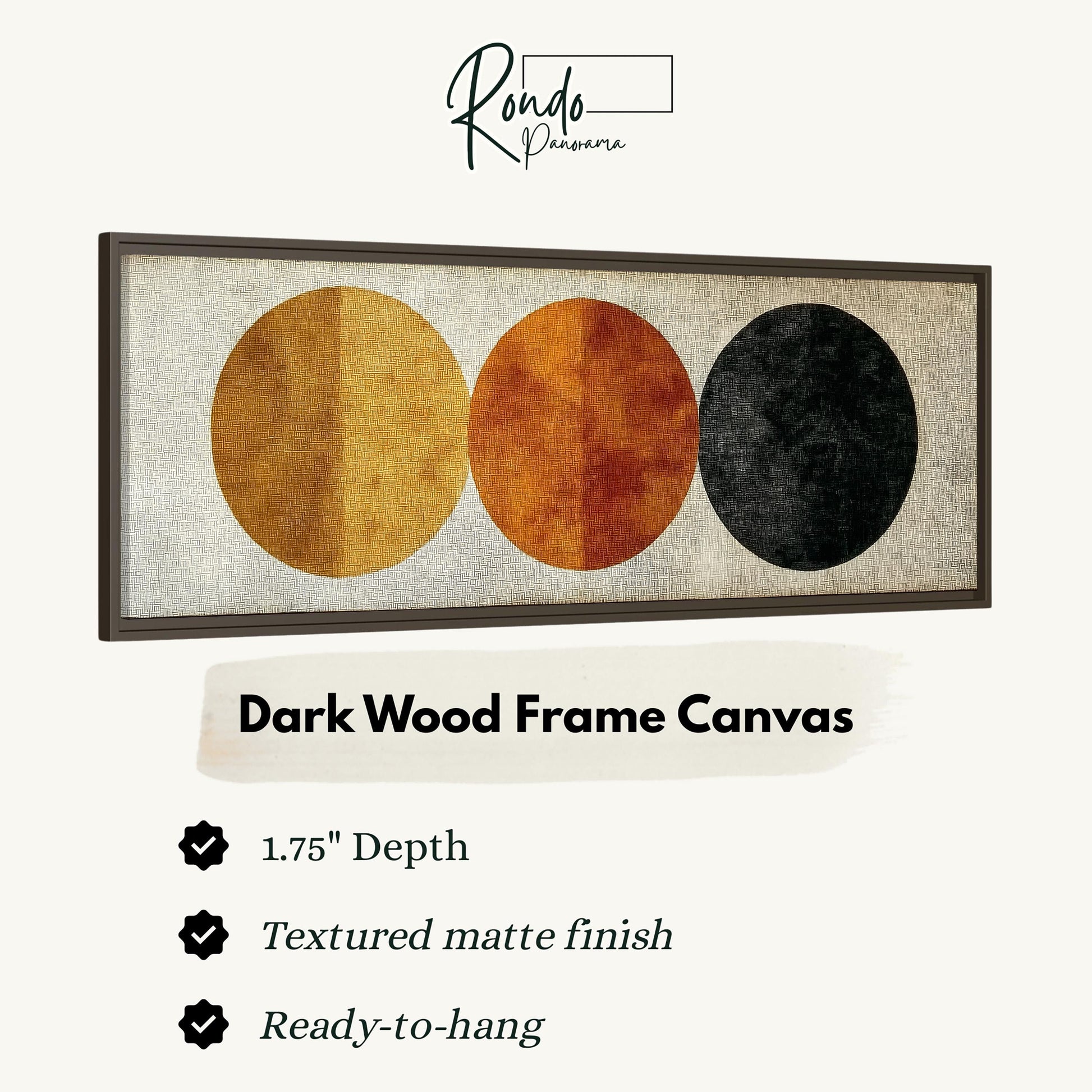 The image is a framed artwork featuring three circles of different sizes and colors, with a dark wood frame.