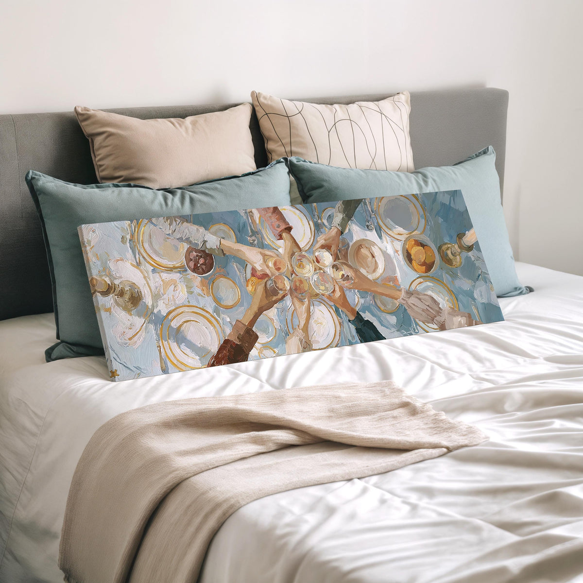 Elegant wine toast over a linen table wide panoramic canvas print laid on a bed to show its size
