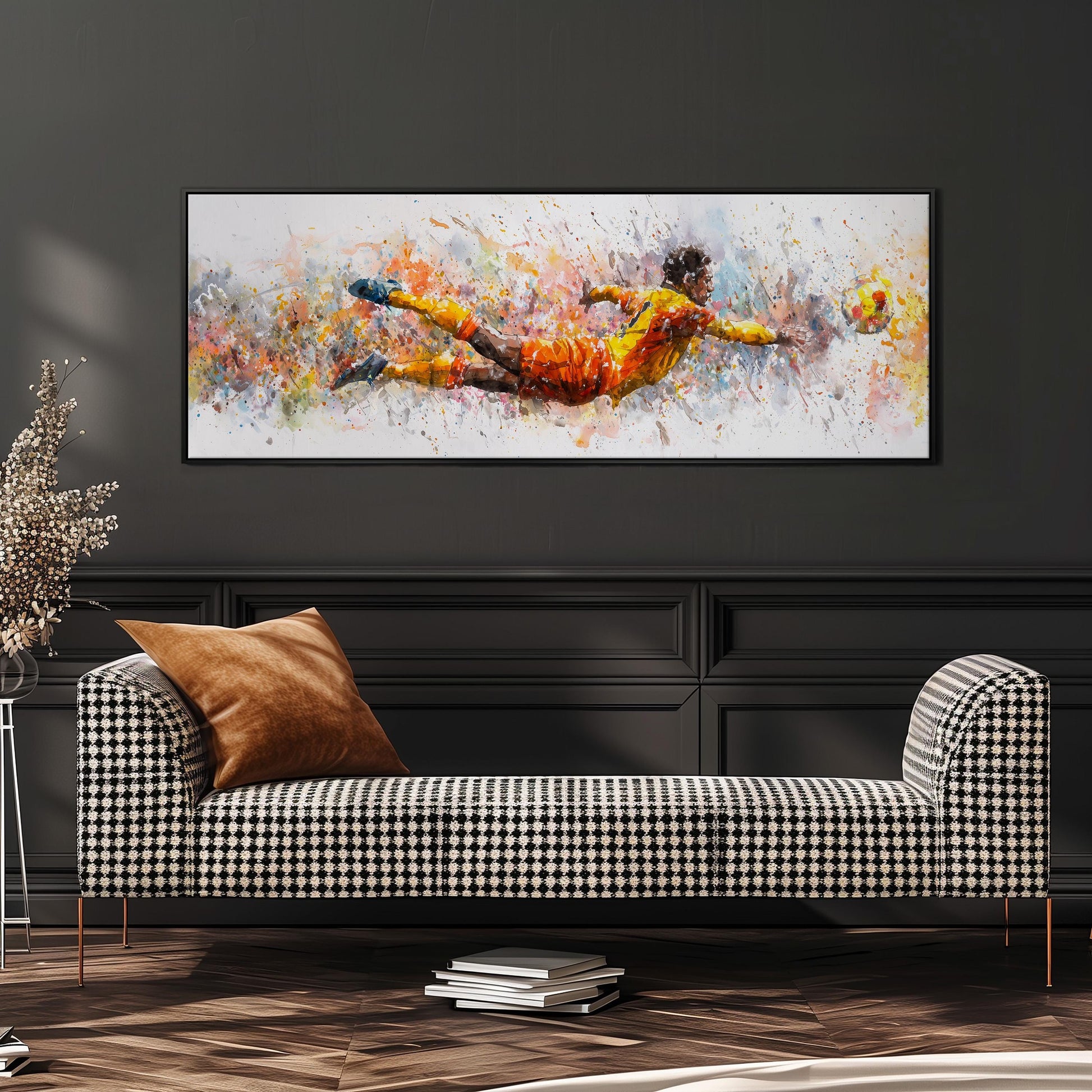 a large, colorful painting of a soccer player in mid-action, with splashes of color and dynamic brushstrokes. The painting is displayed on a wall above a black and white checkered sofa, creating a striking contrast between the vibrant artwork and the neutral tones of the furniture.