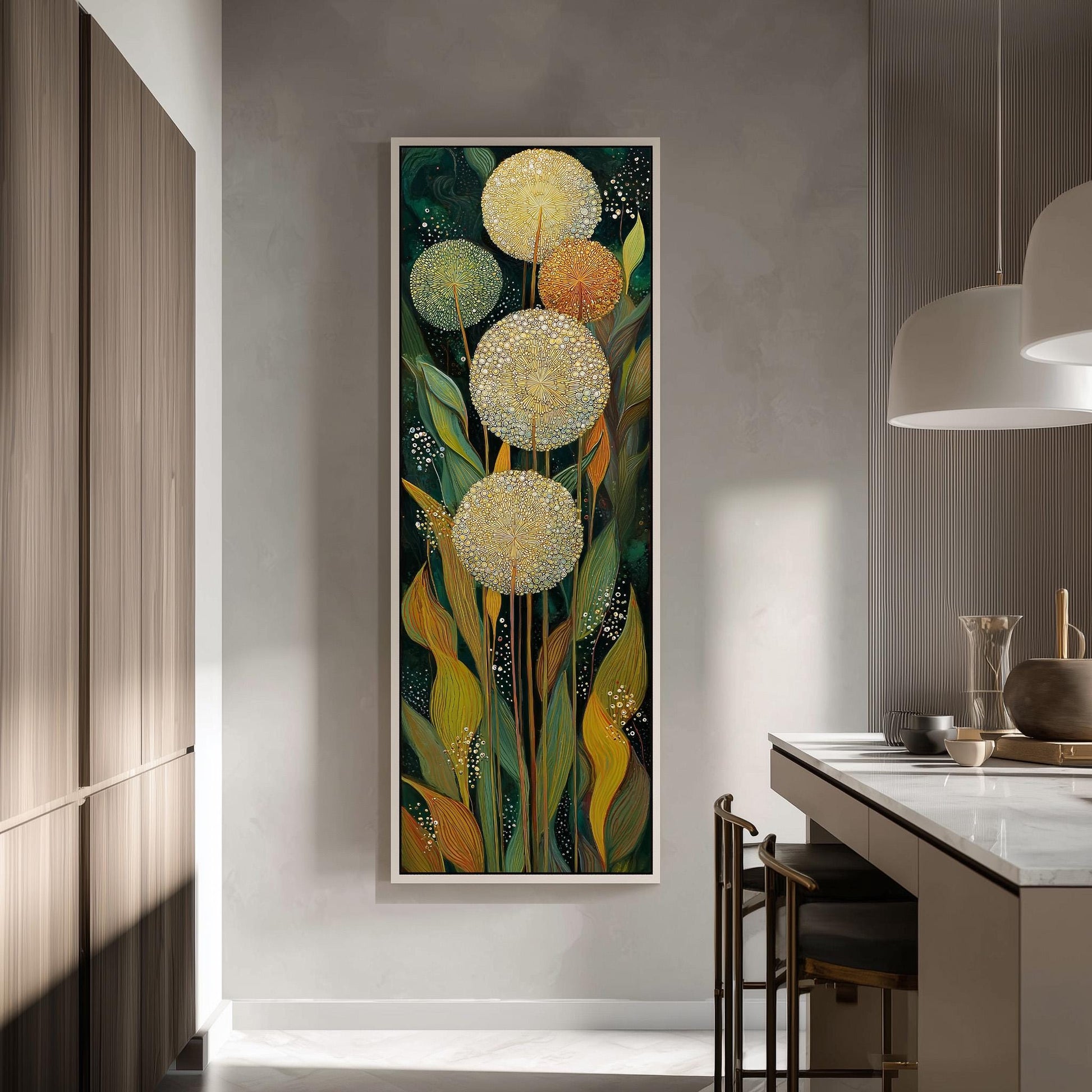 a large, colorful painting of flowers hanging on a wall in a modern kitchen.