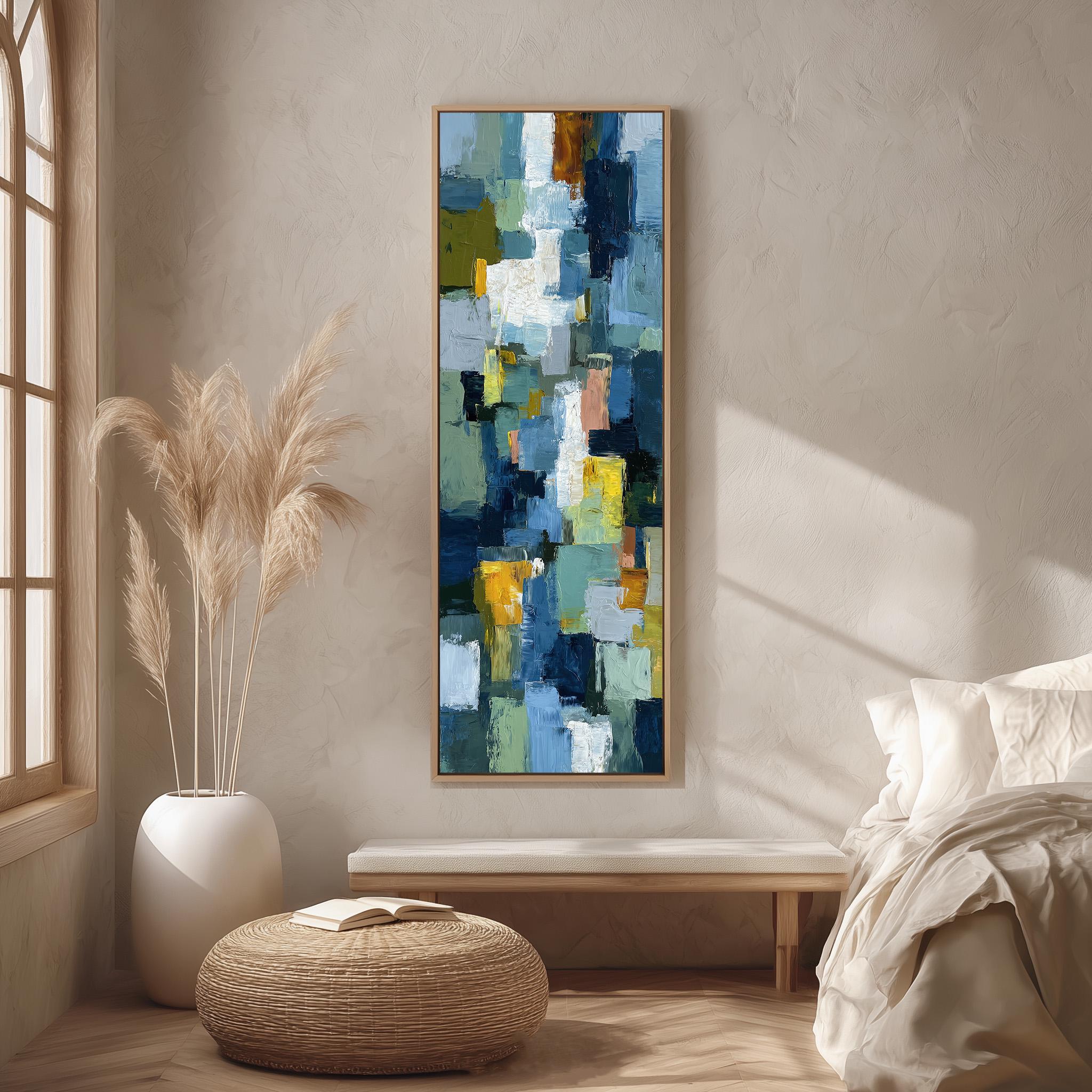 a large abstract painting hanging on a wall in a room with a bed, a wicker ottoman, and a potted plant.