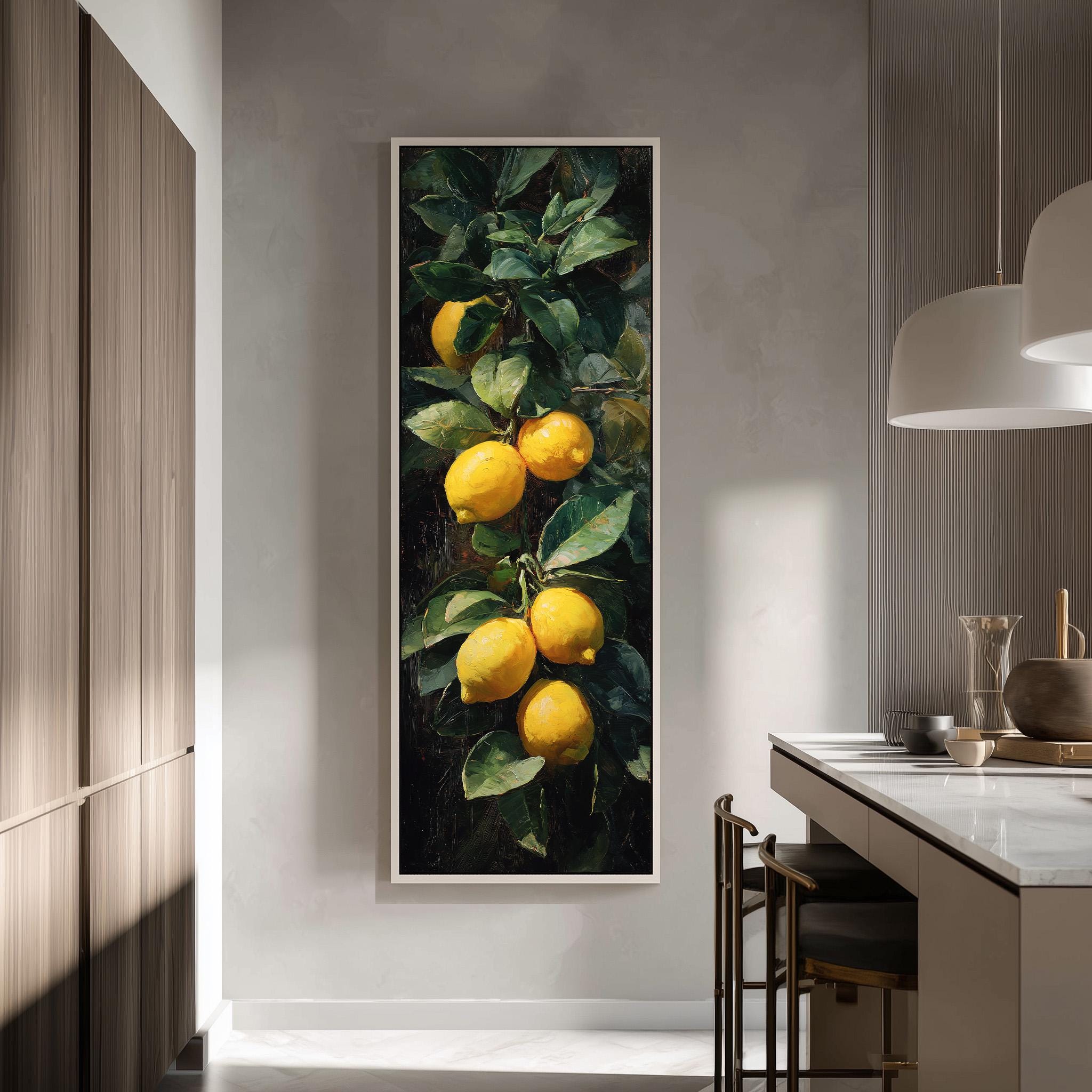 a large painting of lemons hanging on a wall in a kitchen.