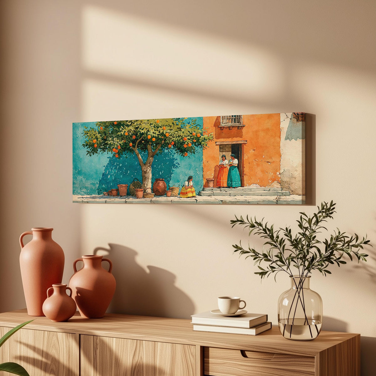 Orange tree on a colorful village street long horizontal canvas print above a wooden sideboard