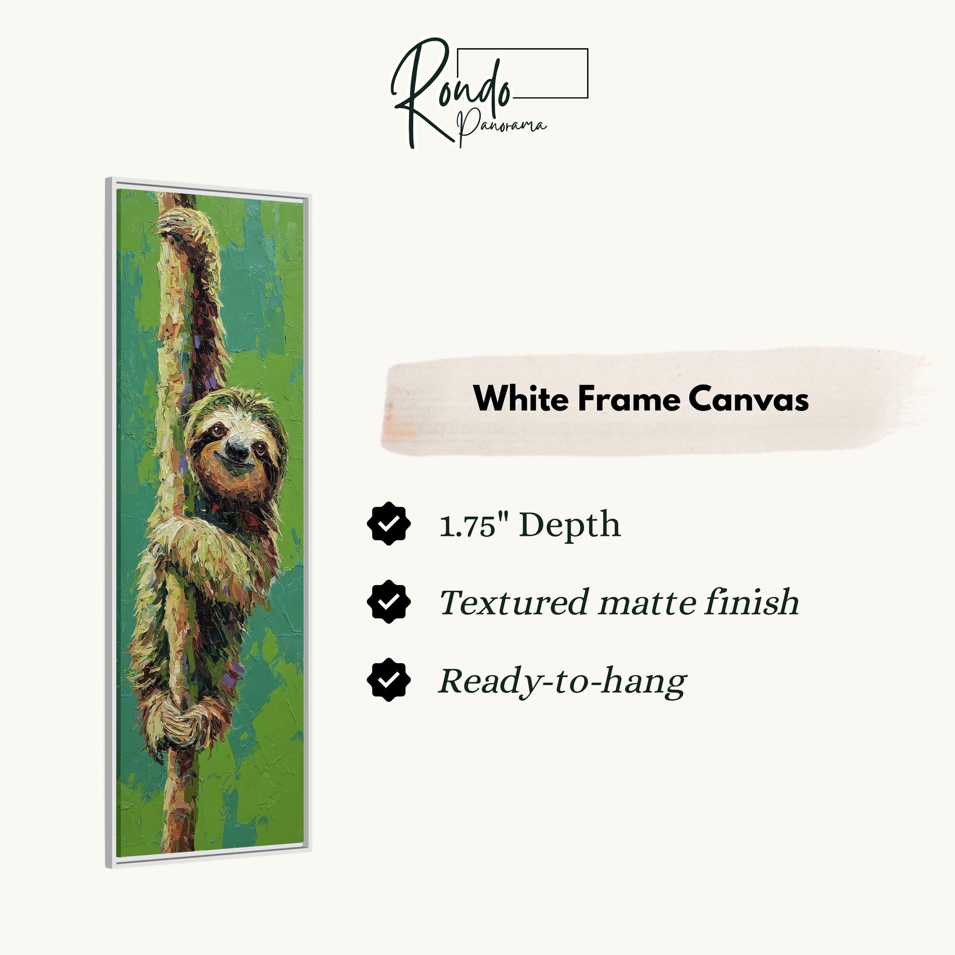The image is a white frame canvas depicting a sloth hanging from a tree branch.