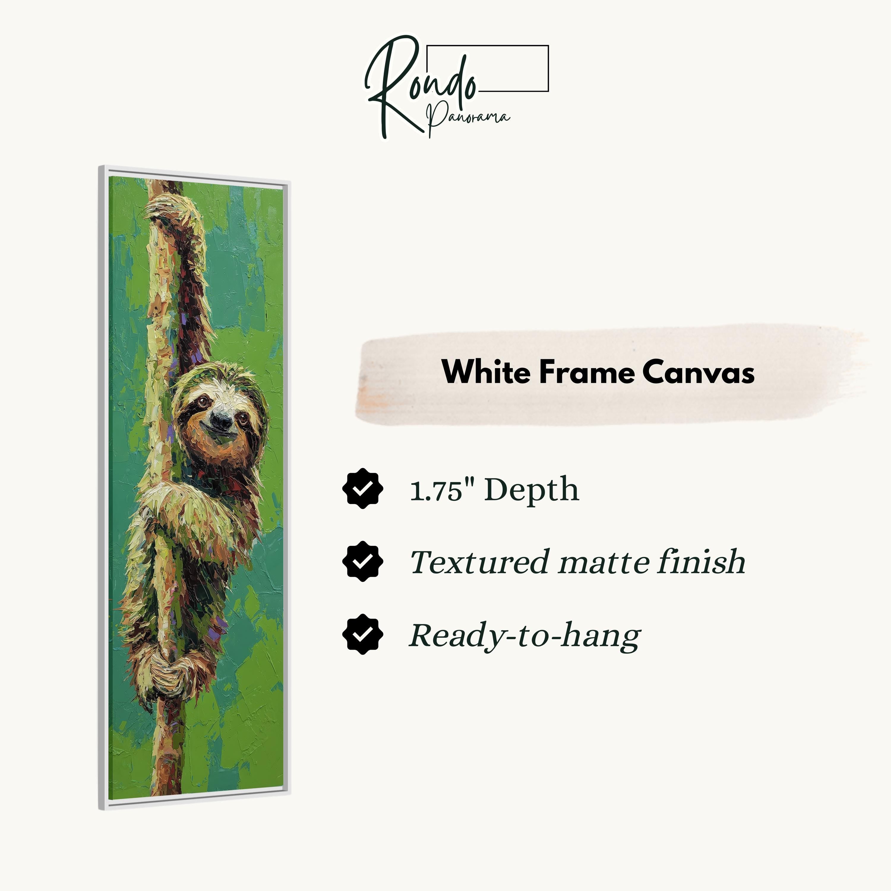 The image is a white frame canvas depicting a sloth hanging from a tree branch.