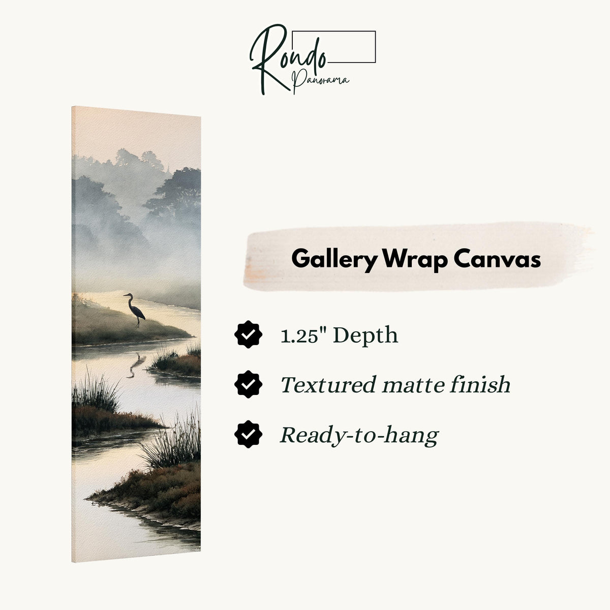 Heron in a misty wetland stream gallery wrap canvas with the image wrapped around the edges