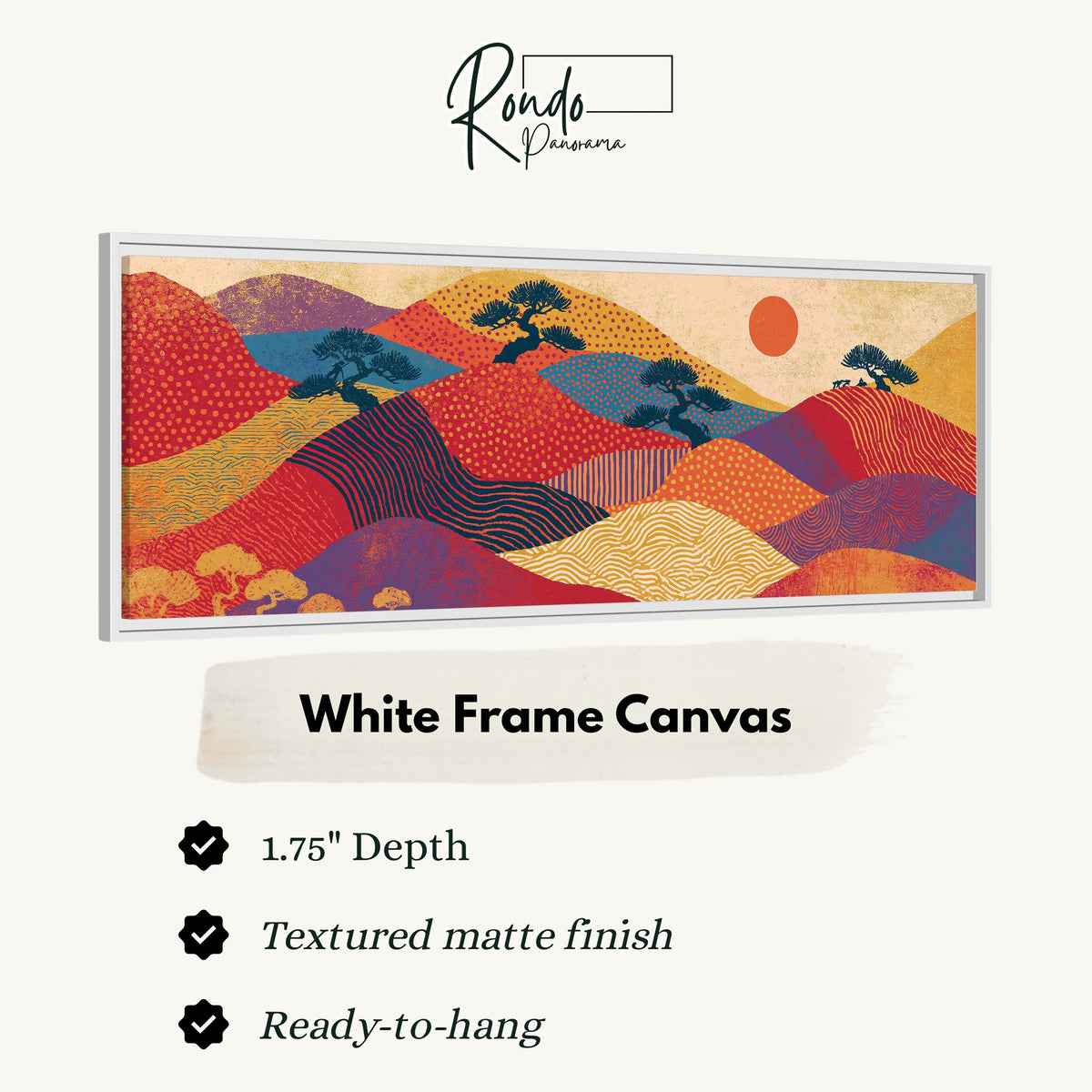 Bonsai trees on patterned hills with a red sun canvas print in a white floating frame