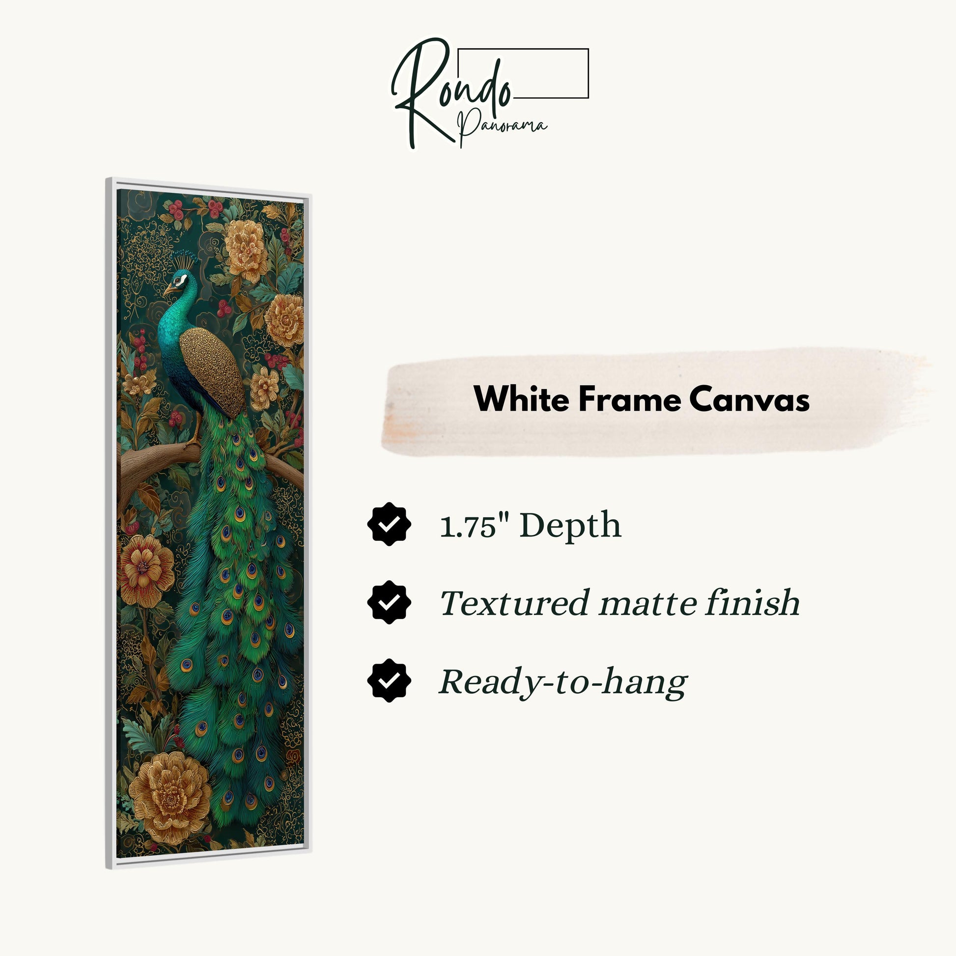 The image is a white frame canvas featuring a vibrant peacock with a detailed and colorful background.