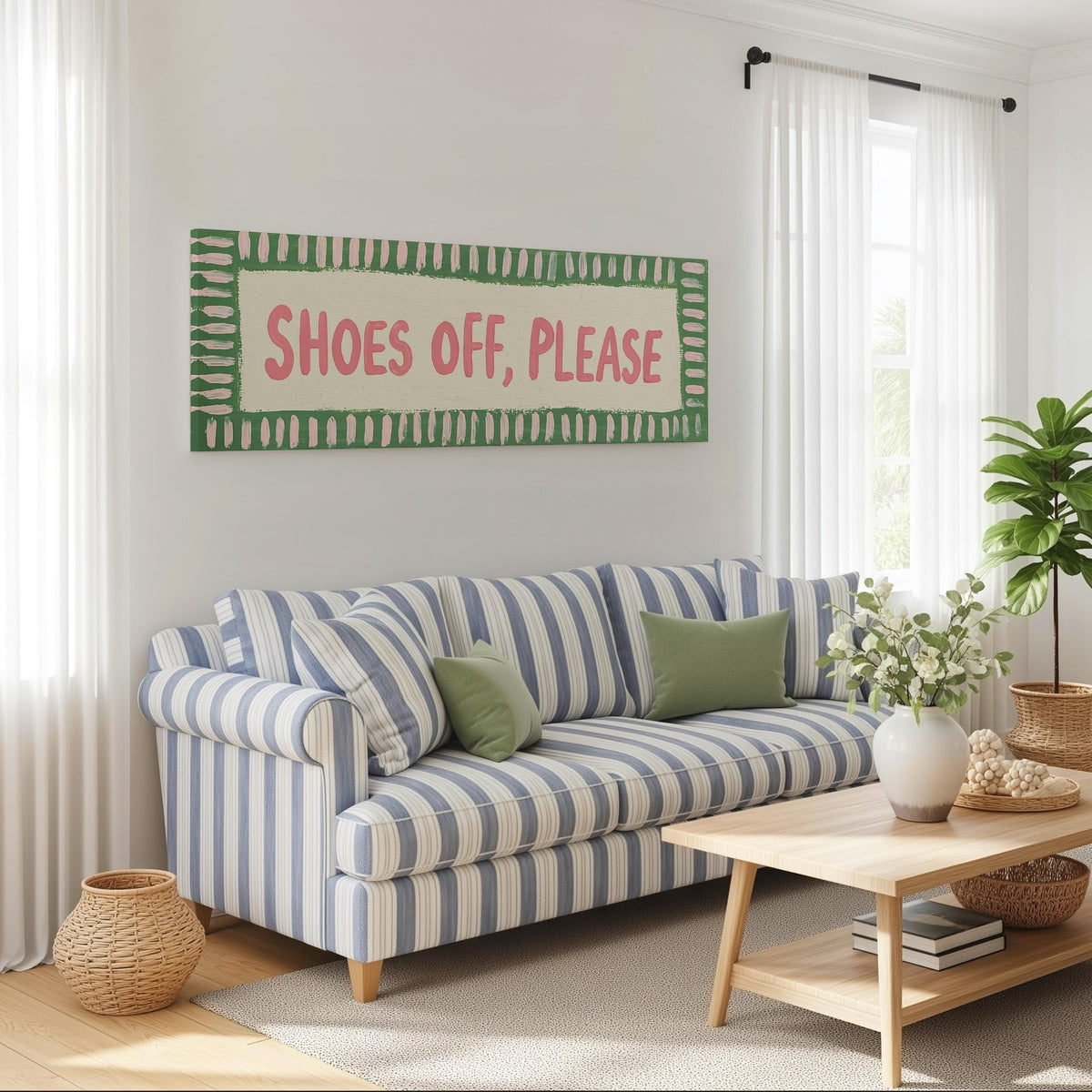 Shoes off, please sign long horizontal canvas print above a striped sofa in a coastal living room