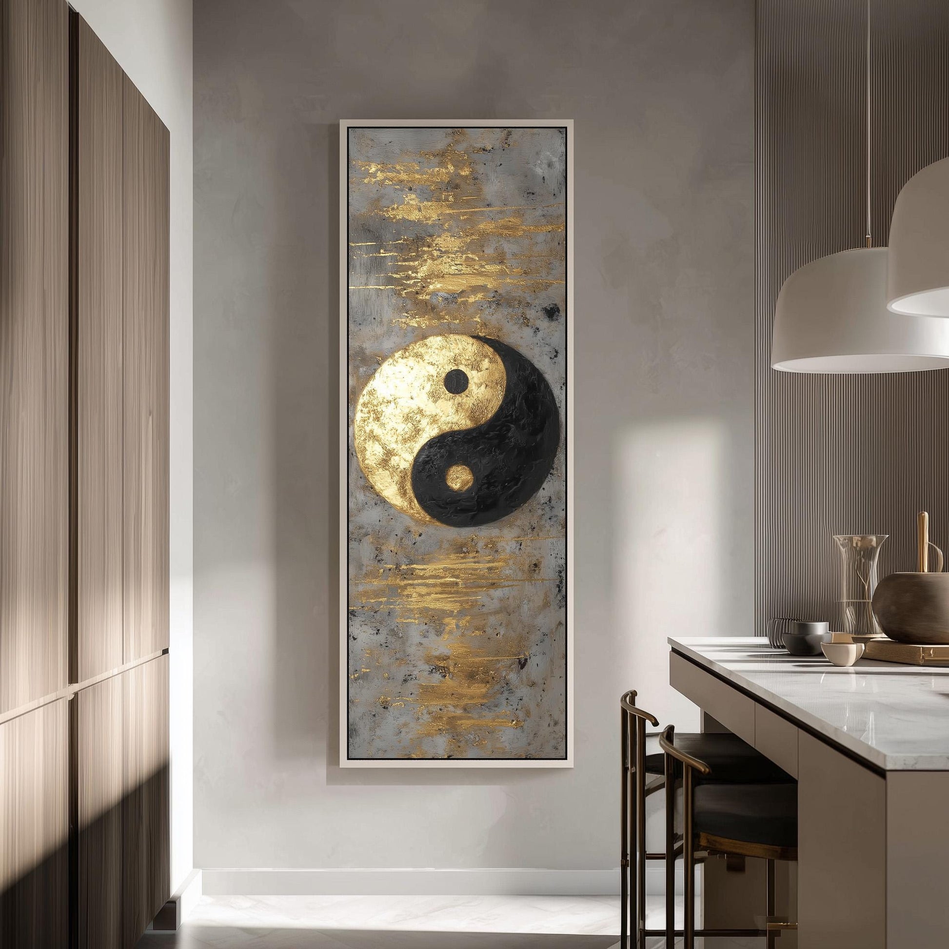 a modern kitchen with a large framed artwork hanging on the wall, depicting a yin and yang symbol.