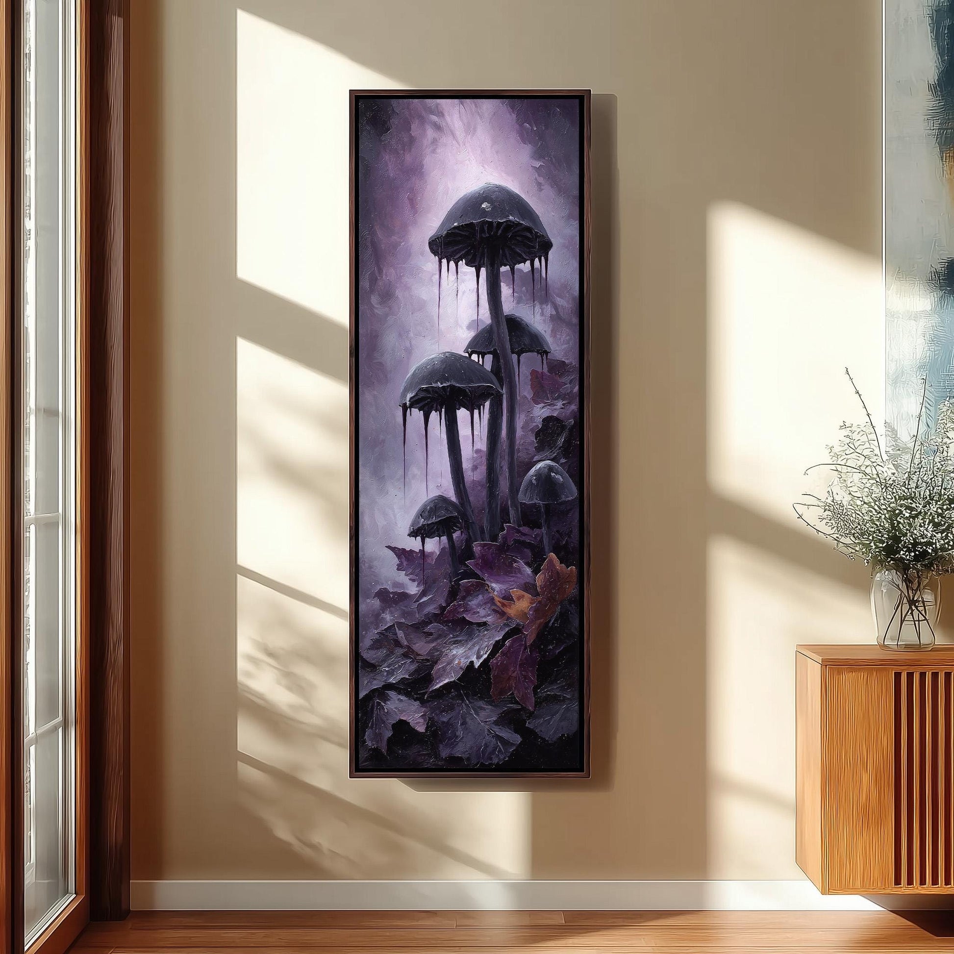 a large, framed painting of mushrooms hanging on a wall in a room.