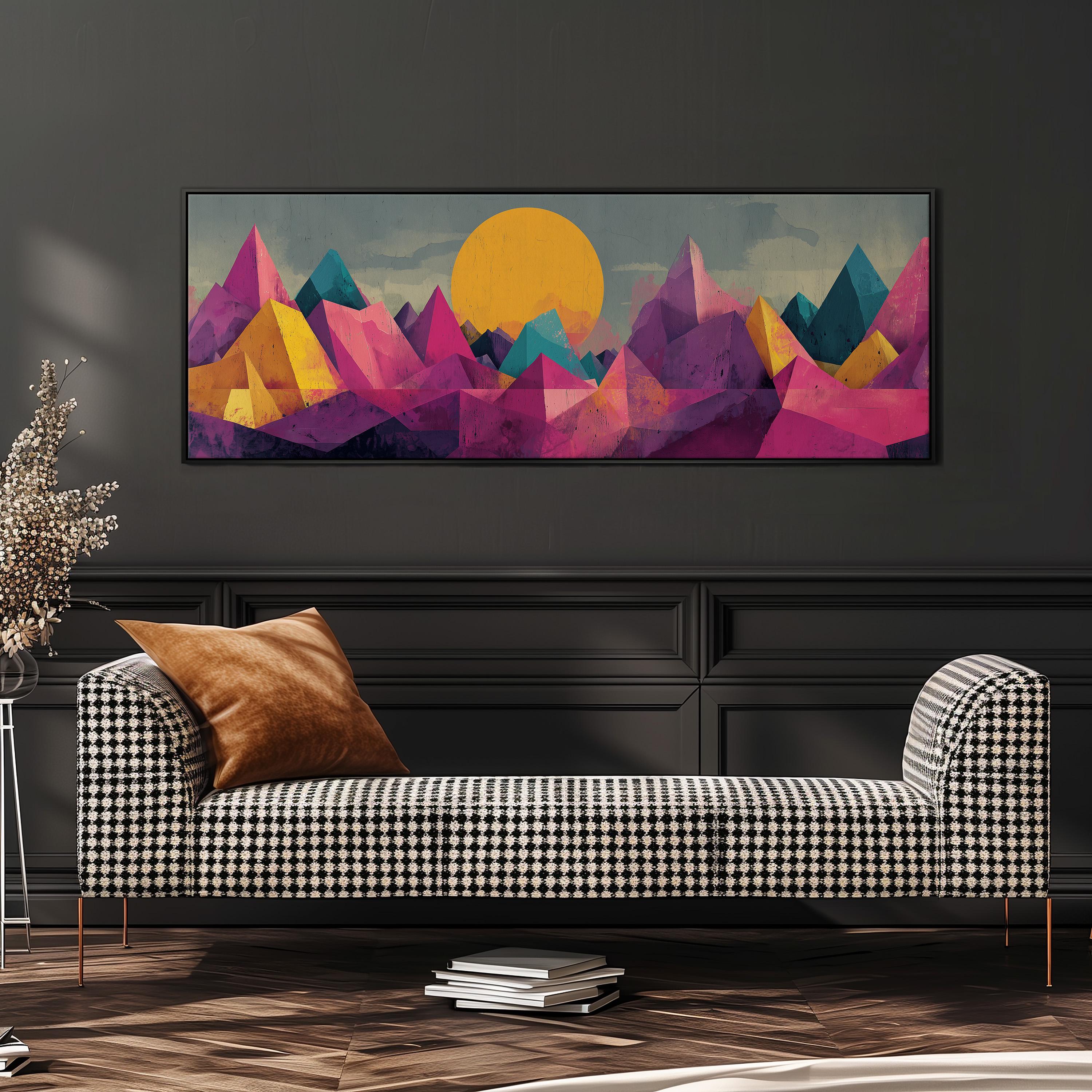 a modern living room with a black and white checkered sofa, a stack of books, and a large abstract landscape painting hanging on the wall above the sofa.