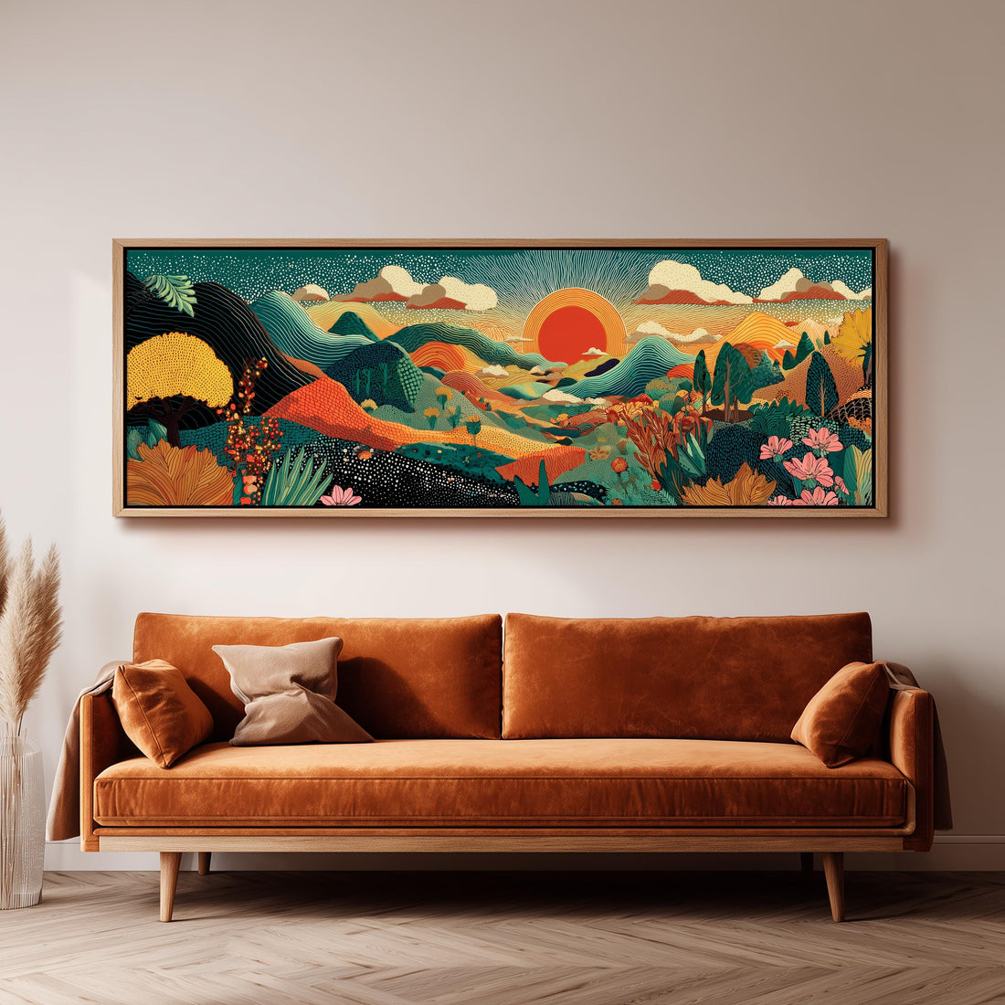 a large, colorful painting of a landscape hanging on a wall above a wooden dining table with four chairs.