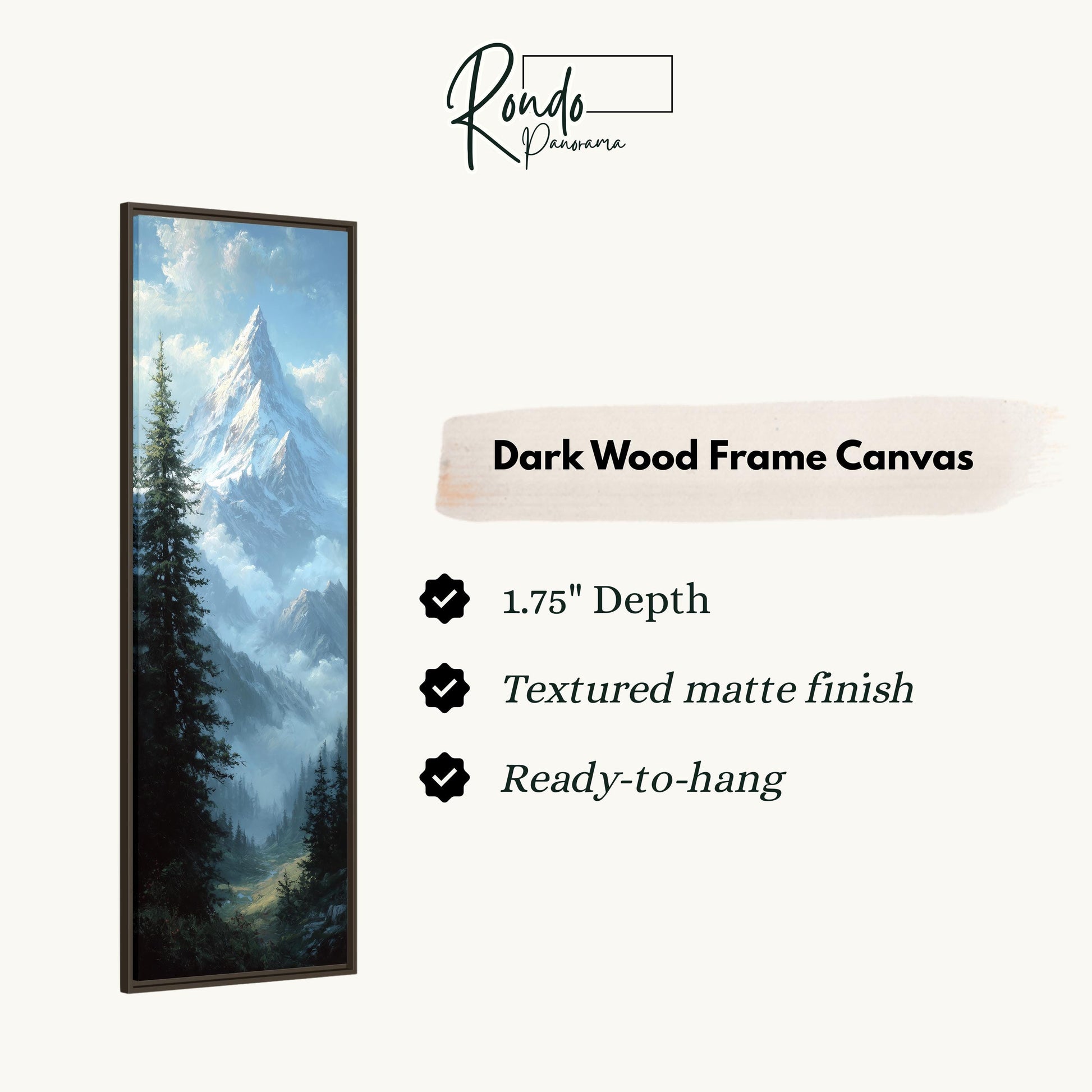 The image is a rectangular dark wood frame canvas depicting a mountain landscape with a forest in the background.
