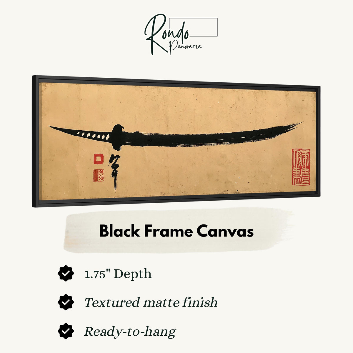 Ink brush katana canvas print in a black floating frame