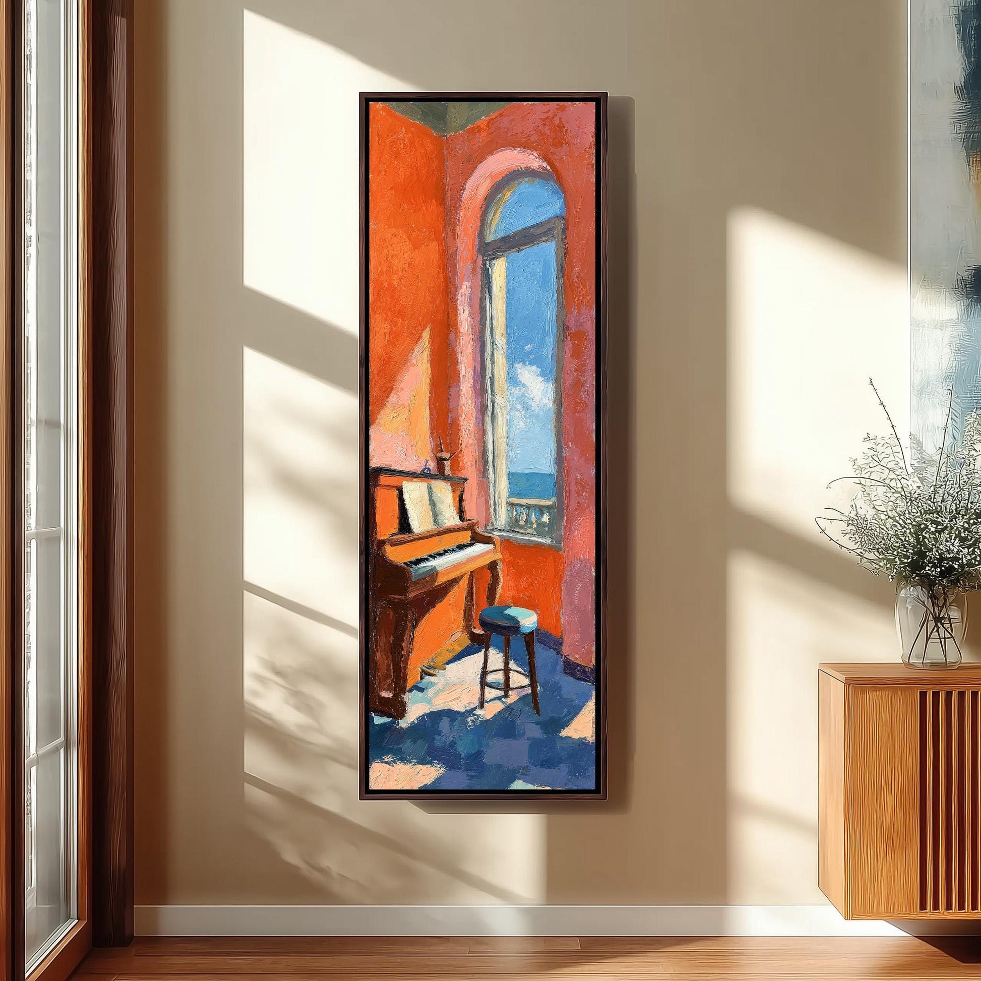 a large, colorful painting of a piano and a window in a room with a wooden floor.