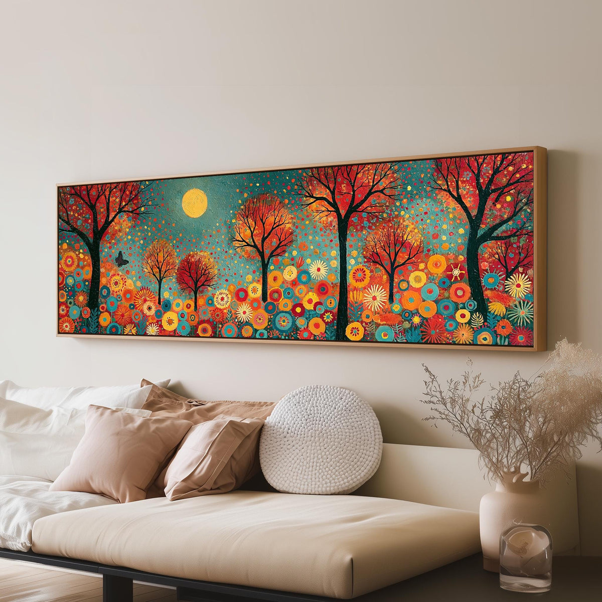 Folk art autumn forest with flowers panoramic canvas print above a sofa in a living room